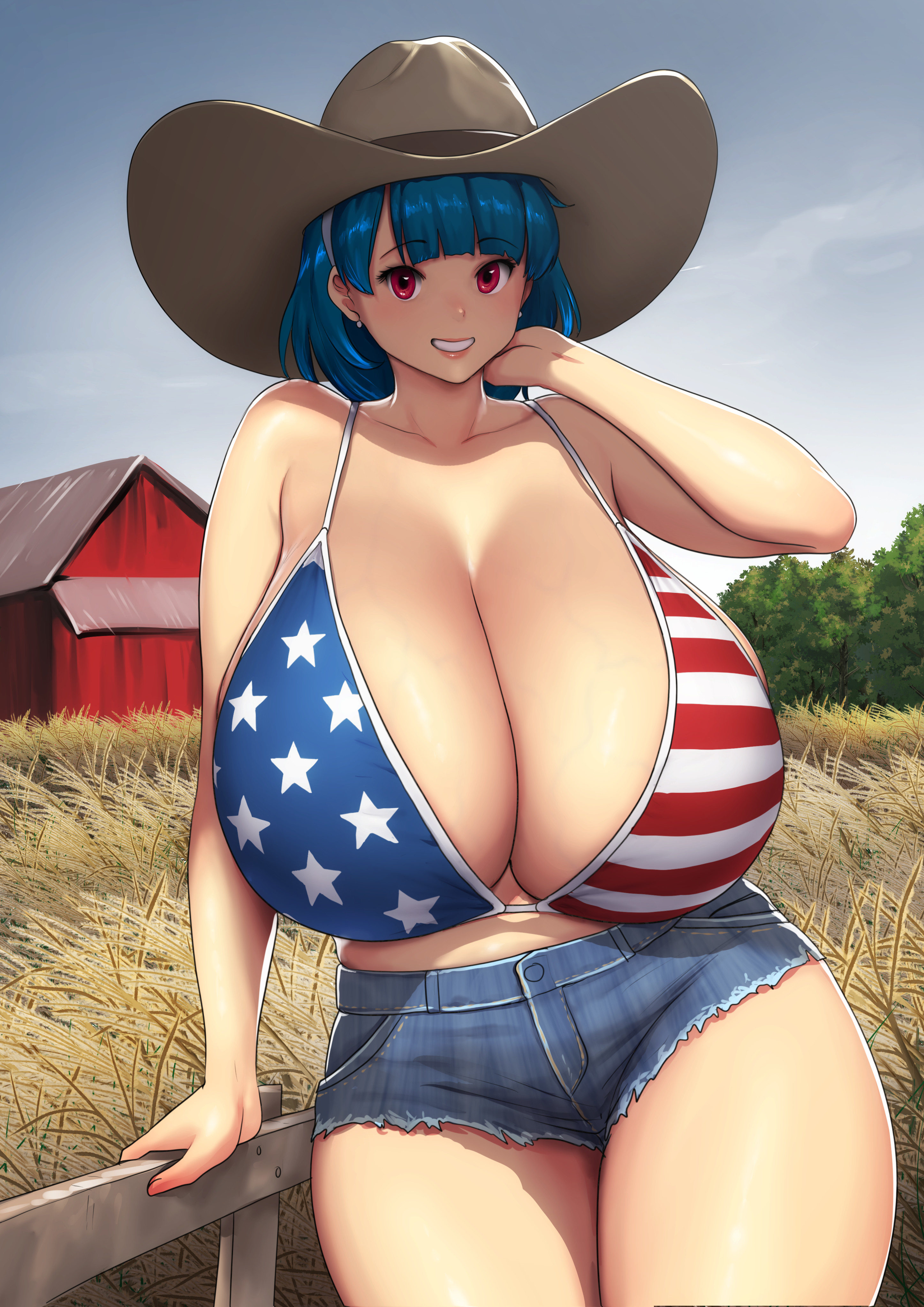 4th of july, american flag bikini, barn, big hat, bikini, bikini top, blue hair, breasts, breasts bigger than head, cowboy hat, errorkazoo, farm, farmgirl, female, fence, gigantic breasts, micro jeans, micro shorts, purple eyes, rina atherina, rina atherina (errorkazoo), smile, soft thighs, wide hips