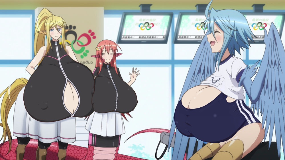 breasts, centaur, centorea shianus, clothing, edit, female, gigantic breasts, harpy, huge breasts, hyper breasts, lamia, miia (monster musume), monster girl, monster musume no iru nichijou, naga, papi (monster musume), screenshot, screenshot edit, tagme, taur, unknown artist, weirdoeditorial (artist)