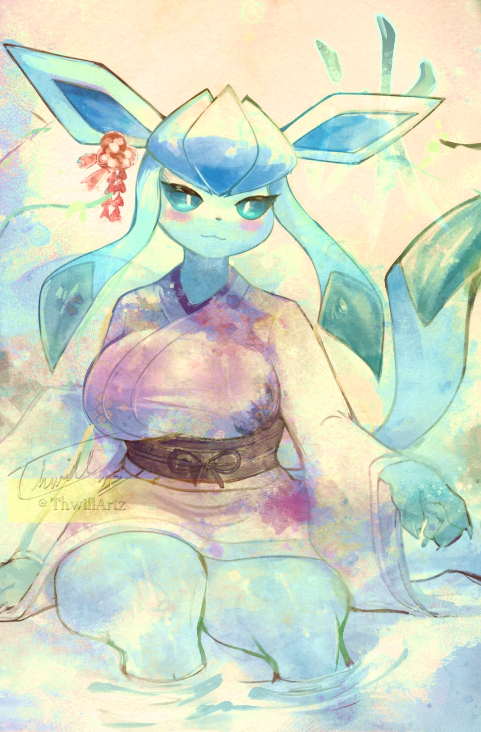 1girls anthro anthro_only blush breasts cleavage clothed clothing eeveelution female female_only furry furry_only glaceon large_breasts nintendo pokemon pokemon_(species) solo thick_thighs thighs thwillartz wide_hips