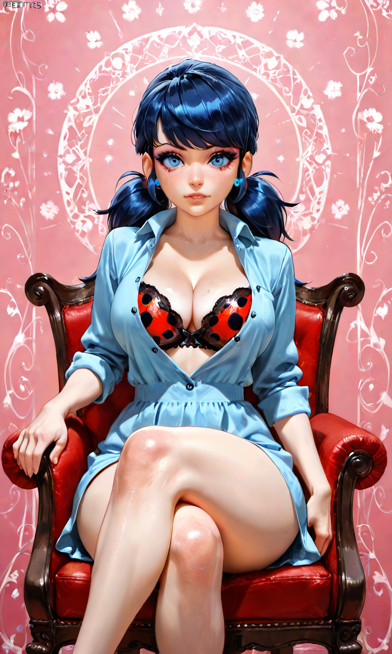 1girls ai_female ai_generated bare_arms bare_legs bare_thighs blouse blue_eyes blue_hair bra chair cleavage crossed_legs disney disney_channel eyebrows eyelashes eyeliner eyeshadow female hi_res ladybug_(character) large_ass large_breasts looking_at_viewer marinette_cheng marinette_dupain-cheng miraculous:_tales_of_ladybug_and_cat_noir miraculous_ladybug sitting sitting_on_chair solo solo_female solo_focus thick_thighs twintails unbottoned_shirt waifufamily