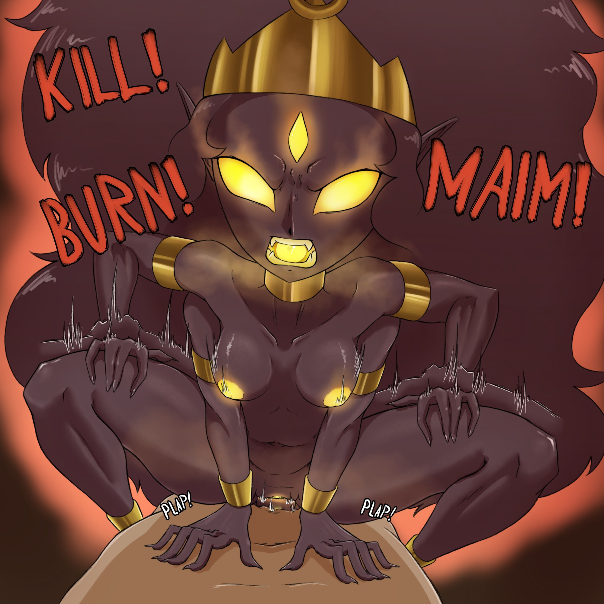 1boy, 1girls, 2d, 2d (artwork), 3 eyes, 4 arms, asian mythology, aura, black body, black hair, breasts, cowgirl position, dialogue, female, glowing eyes, glowing mouth, glowing nipples, glowing tongue, goddess, headpiece, heat, hindu mythology, in heat, itzal, kali, kali (osp), long hair, male, male penetrating, male penetrating female, male/female, multi arm, multi eye, multi limb, mythology, nipples, nude, nude female, nude male, overly sarcastic productions, passionate, passionate sex, plap, pointy ears, pointy teeth, pussy, red text, sex, shiva, shiva (osp), simple background, sound effects, text, thighs, vaginal penetration, vaginal sex, yellow eyes, yellow mouth, yellow nipples, yellow tongue, youtube