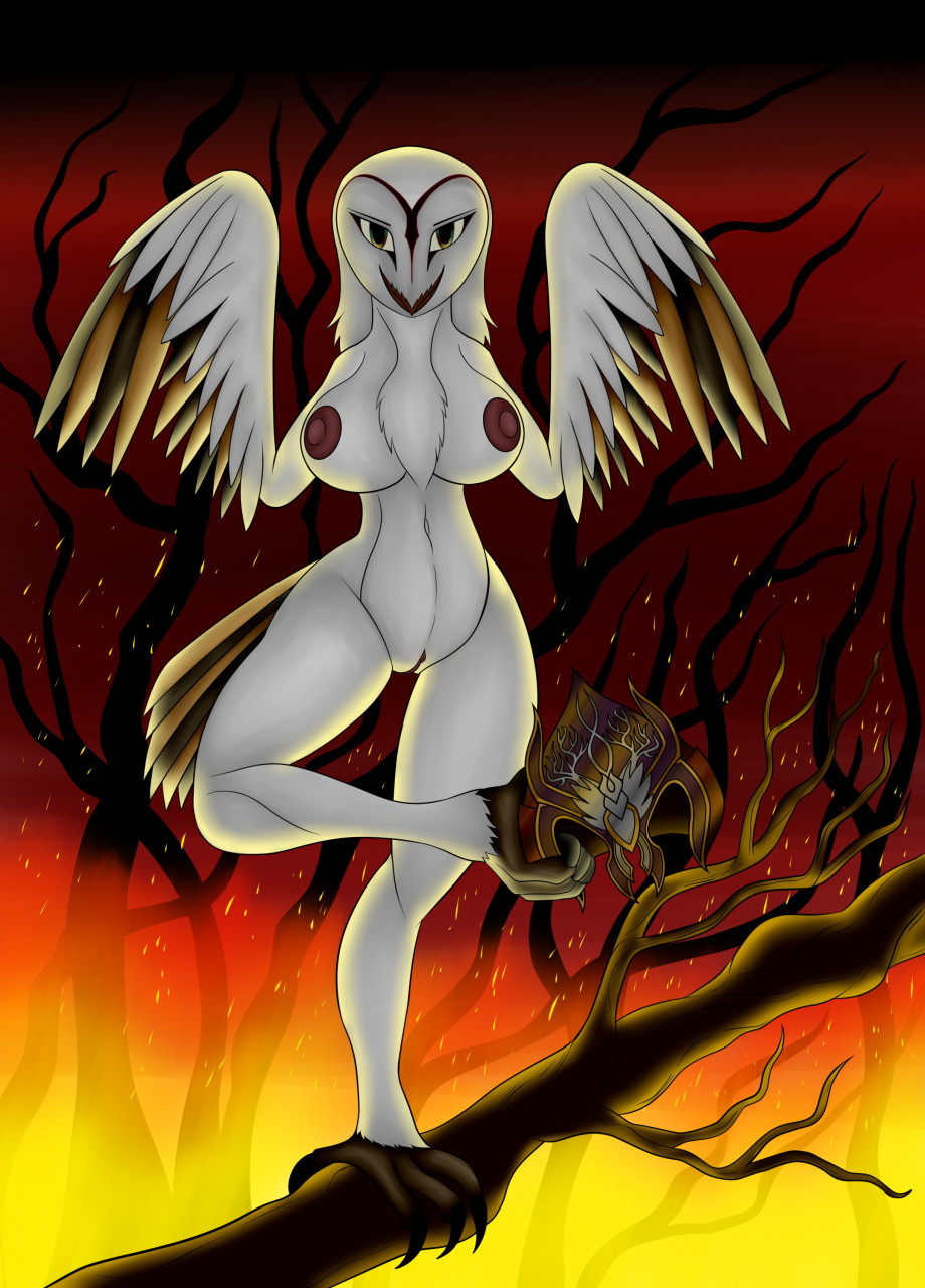 2022 anthro anthrofied areola armor avian barn_owl beak big_breasts bird black_claws breasts brown_areola brown_nipples chest_tuft claws detailed_background digital_drawing_(artwork) digital_media_(artwork) feathers female fire forest_fire genitals guardians_of_ga'hoole headgear helmet hi_res holding_armor holding_headgear holding_helmet holding_object holding_with_foot looking_at_viewer navel nipples nude nyra_(gogh) on_one_leg outside owl plant pussy rorrek solo standing tree tuft tyto tytonid western_barn_owl white_body white_feathers
