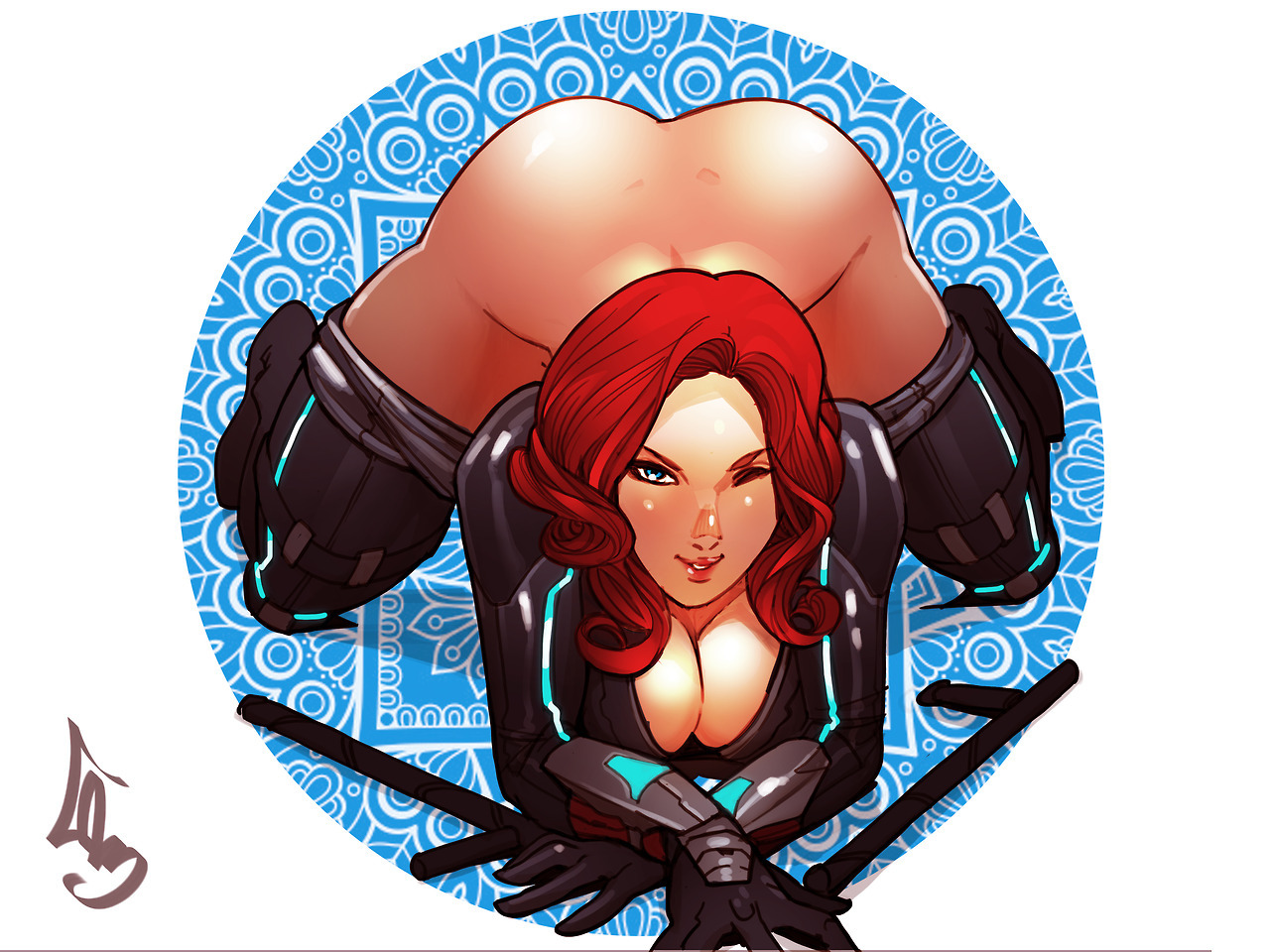 1girls, all fours, ass, black widow (marvel), blue eyes, bottomless, breasts, cheunchin, cleavage, female, human, kneeling, large breasts, looking at viewer, marvel, marvel comics, natasha romanoff, one eye closed, red hair, solo, top-down bottom-up