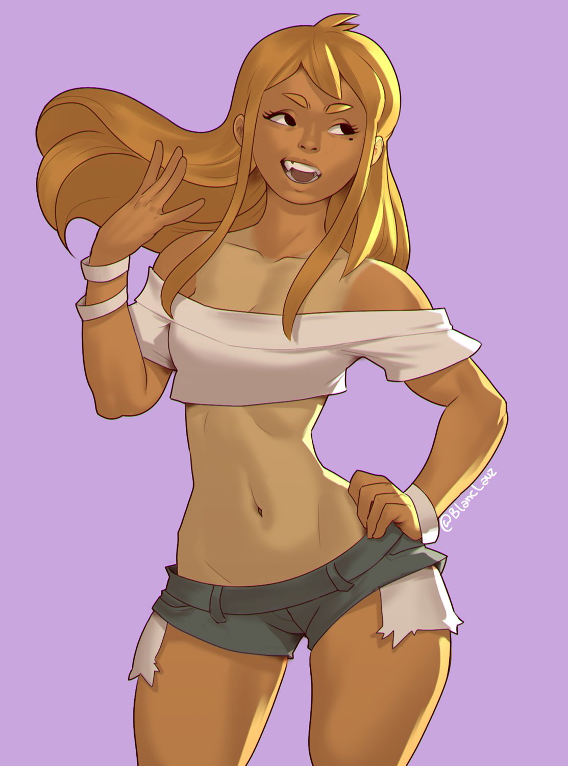 1girls, androgynous, bare shoulders, beauty mark, bimbo, blanclauz, blonde hair, bracelet, collarbone, cowboy shot, denim, denim shorts, eyelashes, fangs, female, female only, gyaru, hand on hip, long hair, midriff, mole, mole under eye, navel, open mouth, original, original character, plain background, pose, purple background, sharp teeth, short shorts, shorts, simple background, solo, solo female, standing, tan, tan skin, tanlines, tanned, teenager, thai (boonsky), thin waist
