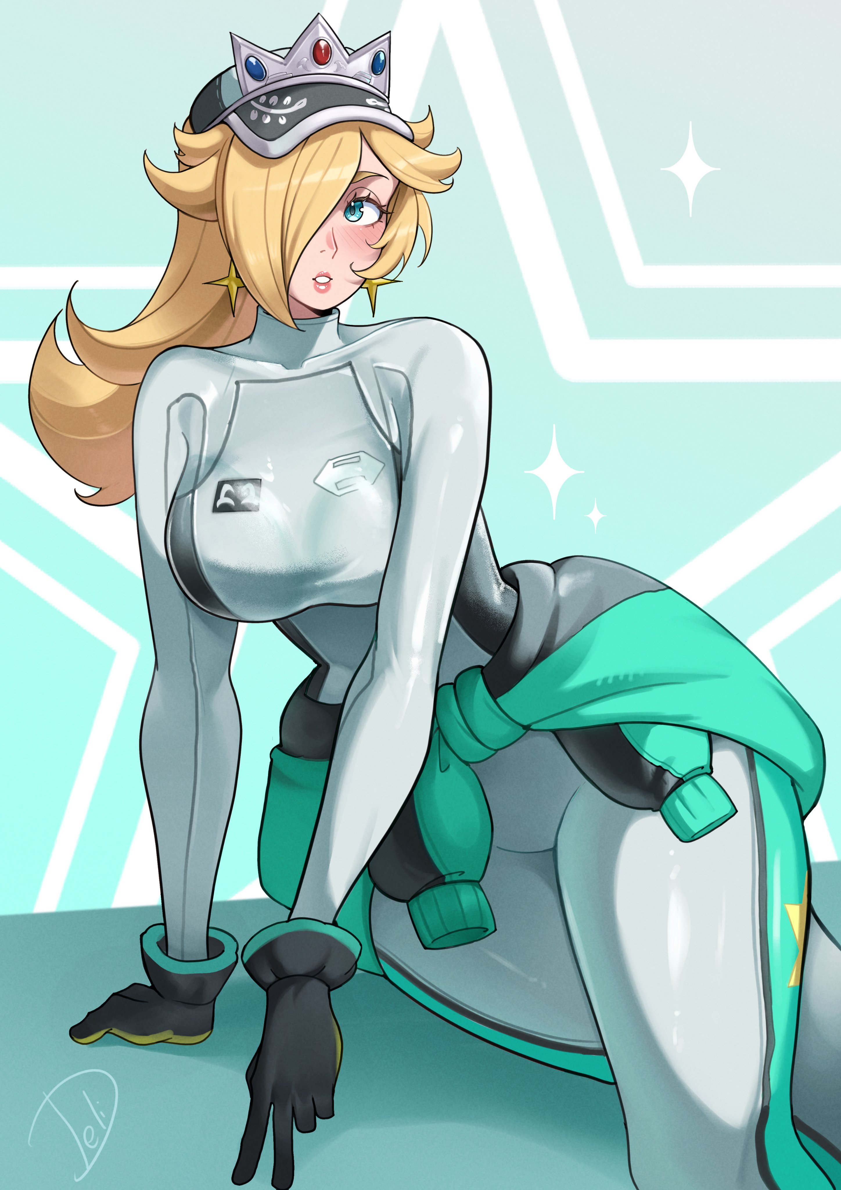 1girls, alternate costume, artist signature, black gloves, blonde hair, blue eyes, blush, bralines, breasts, crown, deliciousbrain, earrings, female, gloves, hair covering eye, large breasts, long hair, mario (series), mario kart, mario kart world, nintendo, official alternate costume, pinup, princess rosalina, princess rosalina (pro racer), rosetta (super mario galaxy), solo, sweater around waist, turtleneck, turtleneck bodysuit, visor, visor cap