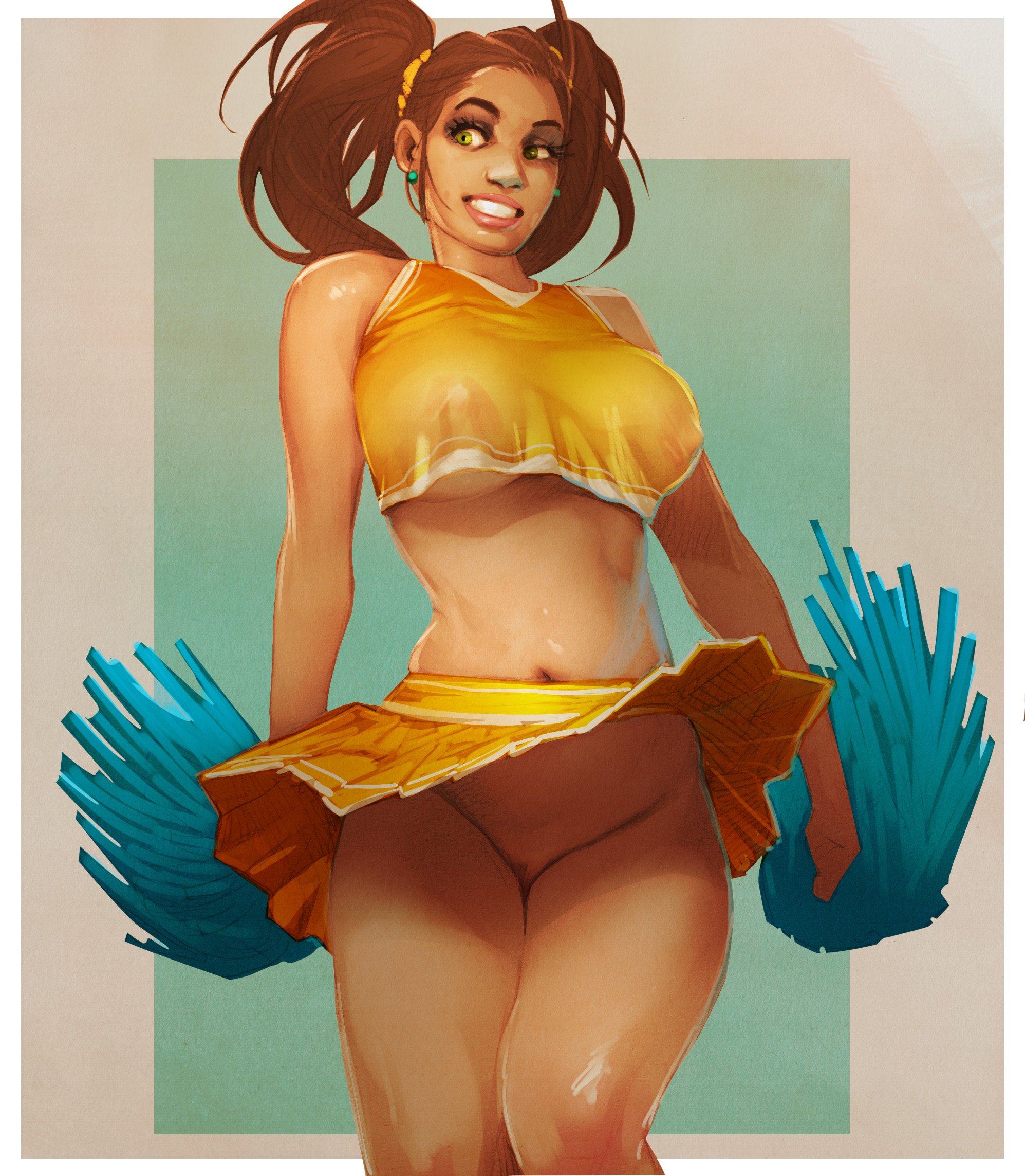 alexisflower, breasts, brown hair, cheerleader, cheerleader uniform, female, green eyes, grin, large breasts, navel, no bra, nopan, ponytail, pussy, skirt, skirt lift, smile, solo, solo female
