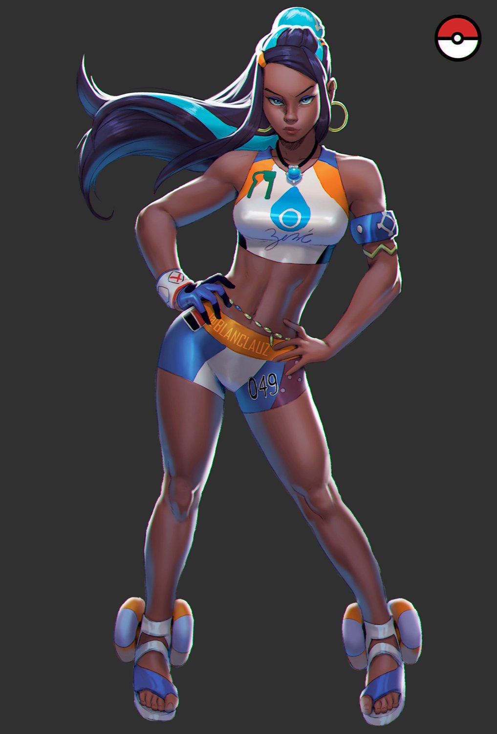 1girls, abs, armpits, belly, blanclauz, breasts, crop top, dark skin, dark-skinned female, earrings, eye contact, eyeshadow, feet, female, fit, full body, grey background, half-closed eyes, hands on hips, hoop earrings, lips, long hair, looking at viewer, makeup, midriff, navel, necklace, nessa (pokemon), nintendo, open toe shoes, poke ball, pokemon, pokemon ss, ponytail, pose, sandals, shirt, shoes, shorts, skin tight, solo, sportswear, standing, tank top, text, toes, two-tone hair, watermark