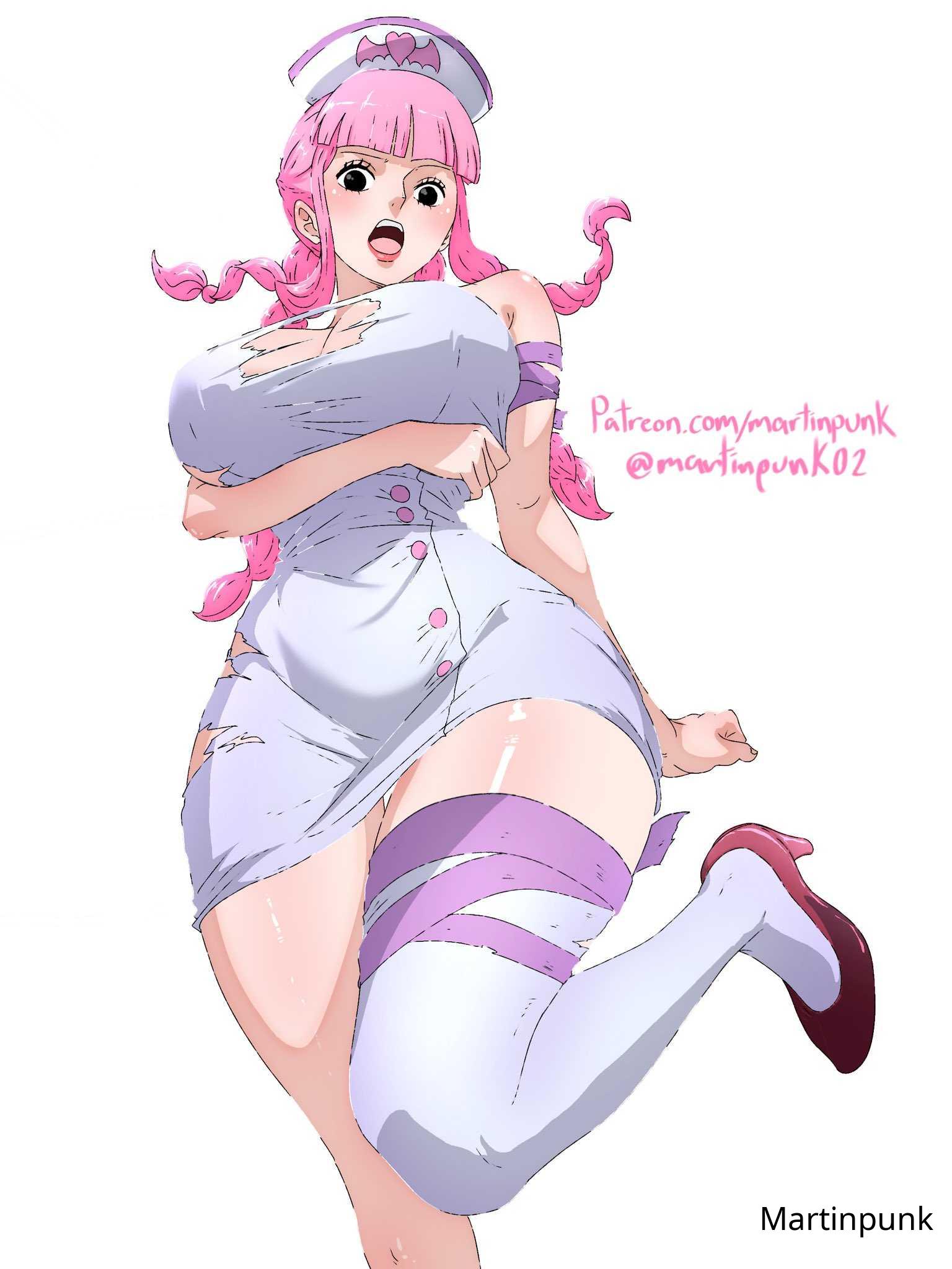 1girls, 2d, 2d (artwork), 2d artwork, ankles, arm under breast, arm under breasts, bewitching thighs, big breasts, black eyes, black-eyed female, breasts, busty, busty female, busty girl, calves, child bearing hips, clothes, collarbone, curvaceous, curvaceous body, curvaceous female, curvaceous figure, curvaceous hips, curvaceous thighs, curvy, curvy body, curvy female, curvy figure, curvy hips, curvy thighs, digital, digital art, digital drawing, digital drawing (artwork), digital media, digital media (artwork), elbows, female, female focus, female only, fertile hips, fingers, footwear, full body, head tilt, high heels, high resolution, highres, hourglass figure, huge boobs, huge breasts, knees, large boobs, large breasts, lean figure, legs, legwear, long hair, looking at viewer, looking down, looking down at viewer, martinpunk, narrow waist, nurse, nurse cap, nurse clothes, nurse clothing, nurse costume, nurse dress, nurse hat, nurse outfit, nurse uniform, one piece, open mouth, outfit, parted lips, perona, perona (one piece), pink hair, pink hair female, pink-haired female, plump breasts, post-timeskip, red footwear, red high heels, red shoes, ripped clothing, shoes, shoulders, simple background, slender body, slender waist, slim waist, solo, stockings, thick thighs, thigh highs, thighhighs, thighs, tilted head, tongue, torn clothes, torn outfit, underboob, upper teeth, white background, white legwear, white stockings, white thigh highs, white thighhighs, wide hips