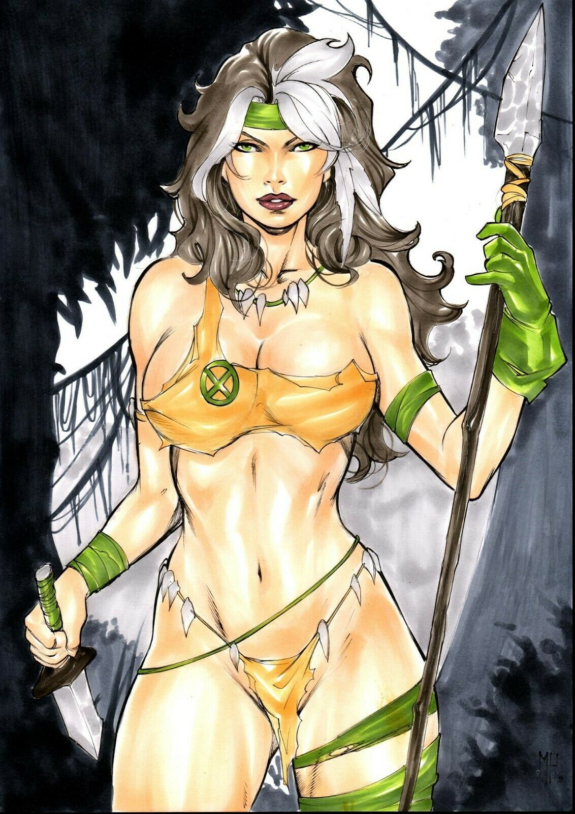 1girls alternate_costume anna_marie armband bandages bandana belly_button big_breasts bottomless_skirt bra breasts brown_hair cleavage curvy dagger dual_wielding ed_benes_studio eyelashes eyelashes_visible_through_hair eyeshadow facing_viewer female female_only gloves green_armband green_bandana green_eyes green_gloves green_headband hair headband holding_dagger holding_knife holding_spear holding_weapon homo_superior human jungle knife large_breasts leg_band lipstick loincloth long_hair looking_at_viewer lost_clothes makeup marvel marvel_comics mascara matheushenrique_(artist) midriff mound_of_venus multicolored_hair mutant navel pinup purple_lips purple_lipstick ripped_clothing rogue_(x-men) savage_land skirt solo spear standing stomach striped_hair superheroine thighs tooth_necklace torn_clothes two_tone_hair weapon white_hair x-men yellow_bra yellow_panties