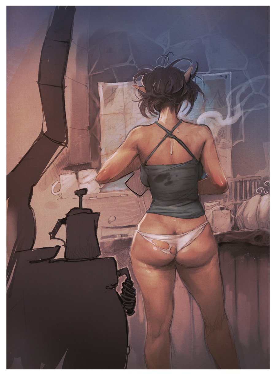 alexisflower ass big_ass cinder_(alexisflower) dirty female frame from_behind kitchen no_pants original panties pointy_ears sketch solo standing steam torn_clothes white_panties