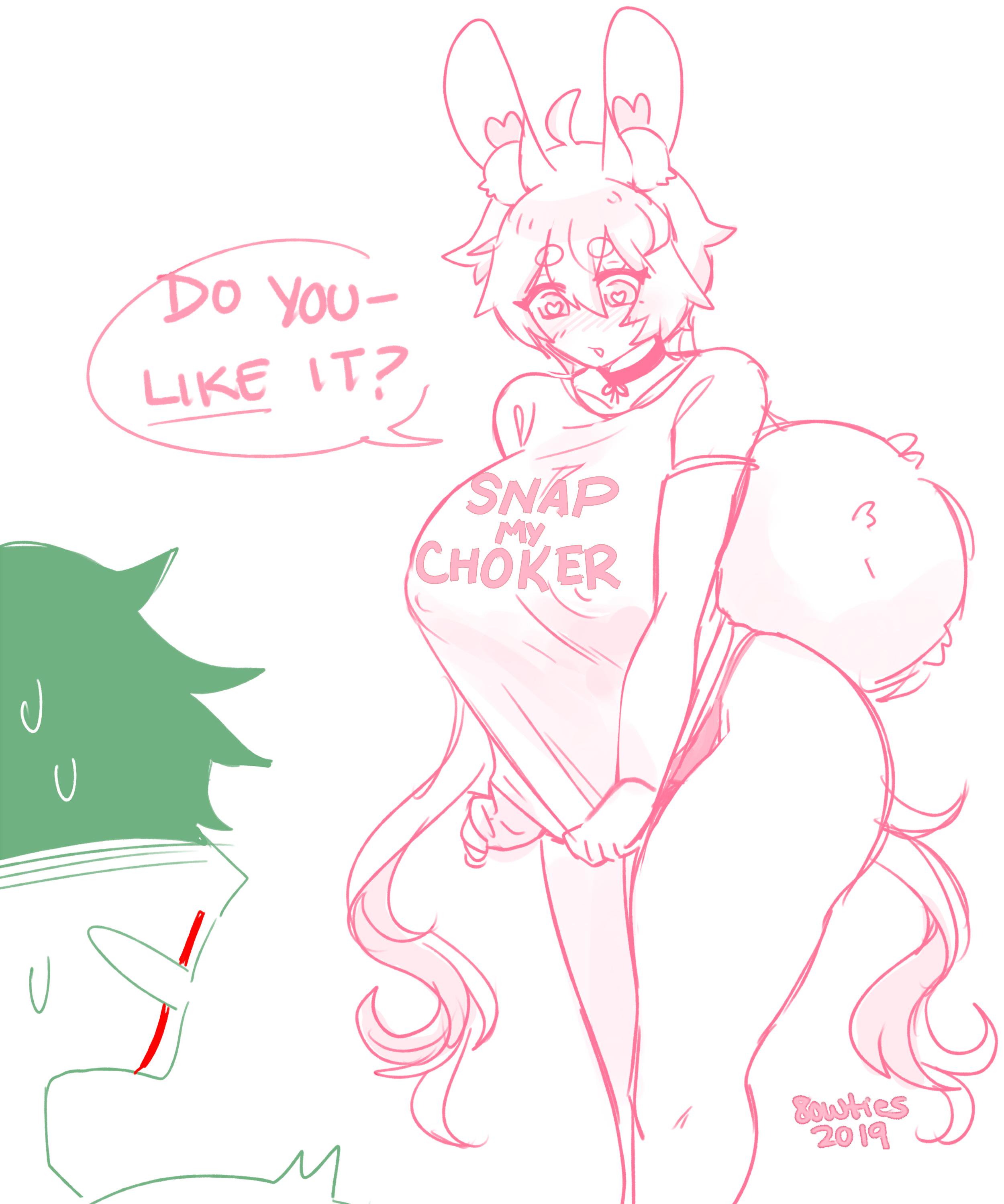 1boy, 1girls, 8owties, animal ears, ass, big ass, big breasts, bowtie (8owties), breasts, choker, clothed, clothing, duo, english text, female, huge ass, huge breasts, male, nipple bulge, nosebleed, sketch, snap my choker, t-shirt, text