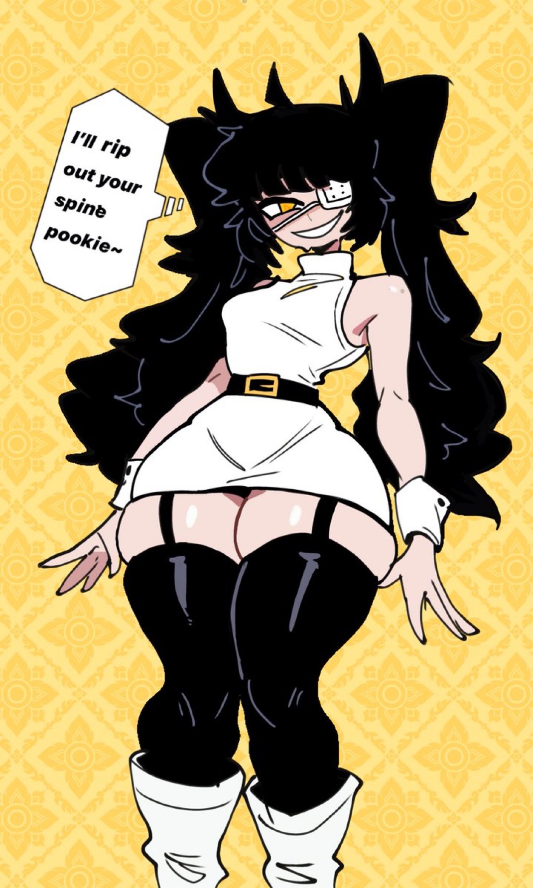 1girls, ass, english text, eyepatch, fat ass, female, monmaamn, original, seraphim (monam), solo, tagme, text, thick thighs, white clothing