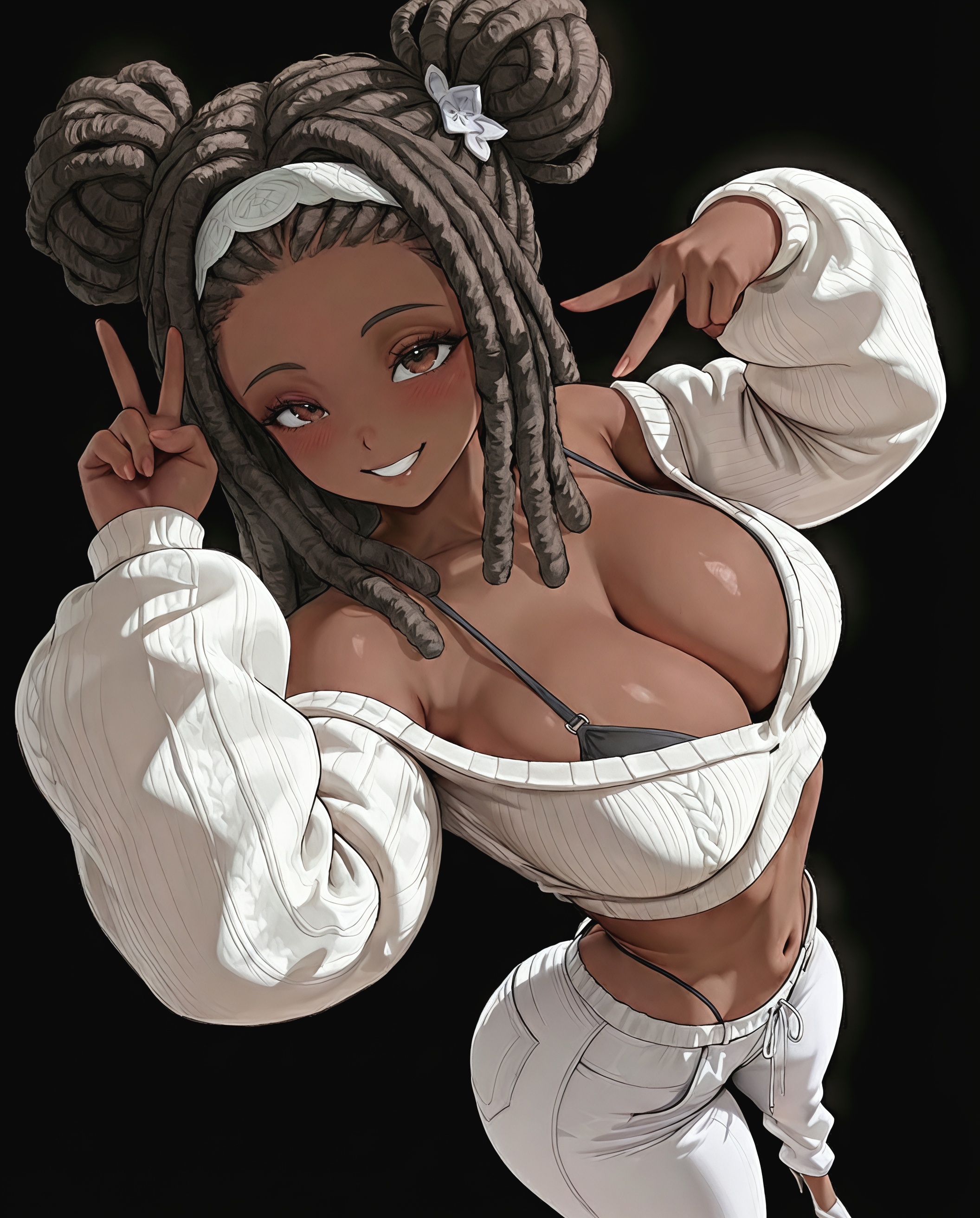 1girls, african female, ai generated, big breasts, black woman, blushing, blushing at viewer, brown eyes, brown hair, cleavage, dark skin, dark-skinned female, dreadlocks, female, female only, heels, high heels, looking at viewer, original, original character, peace sign, solo, solo female, space buns, sweater, whale tail