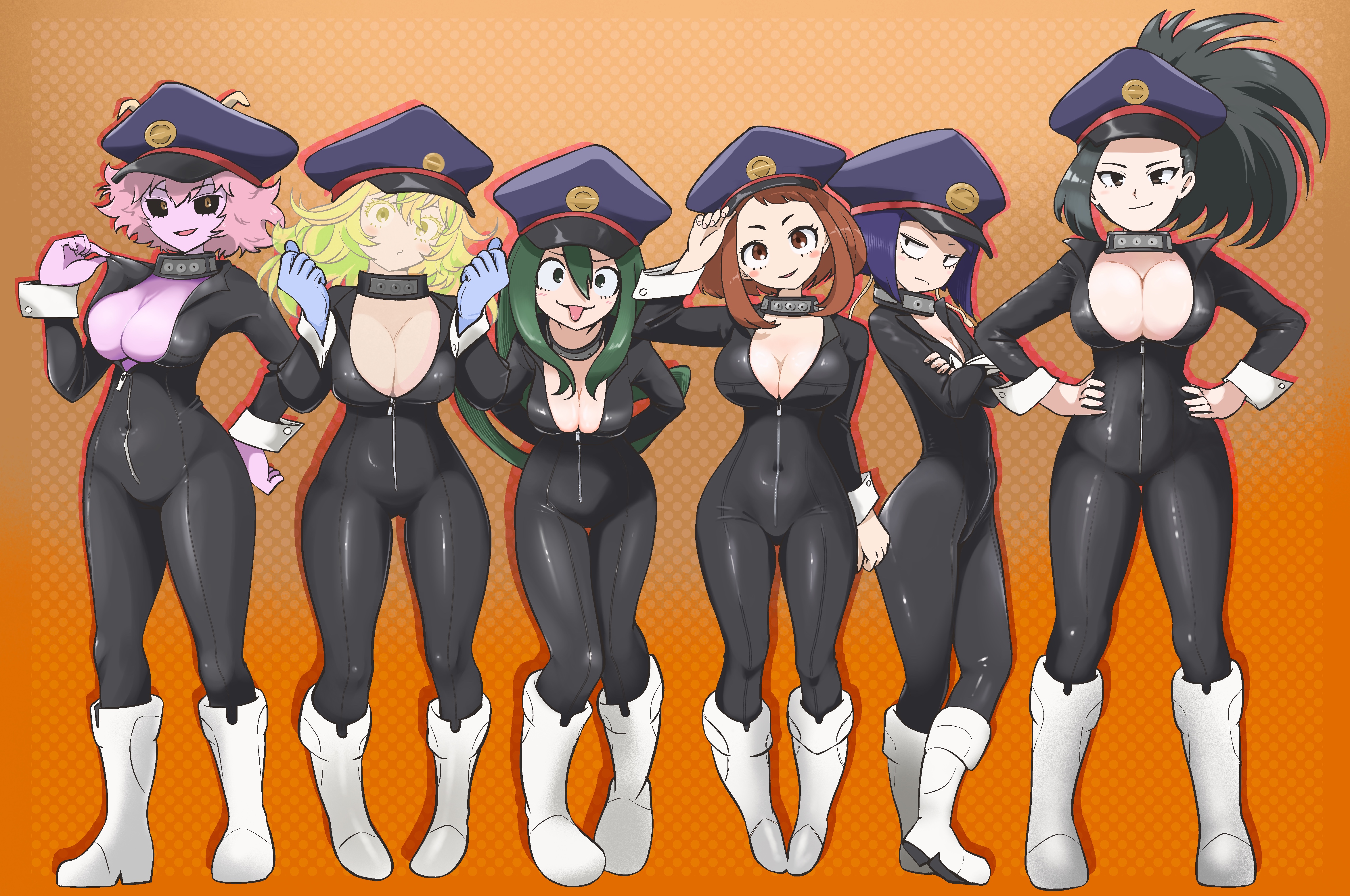6girls, annoyed, big breasts, black hair, black-haired female, brown hair, brown-haired female, camie utsushimi (cosplay), cleavage, cleavage overflow, female, female only, green hair, green-haired female, huge breasts, kyoka jiro, leaning forward, looking at viewer, medium breasts, mina ashido, momo yaoyorozu, multiple girls, my hero academia, ochako uraraka, orange background, pink hair, pink-haired female, purple hair, purple-haired female, small breasts, smiling, thick thighs, tongue out, tooru hagakure, tooru hagakure (visible), tsuyu asui, wide hips