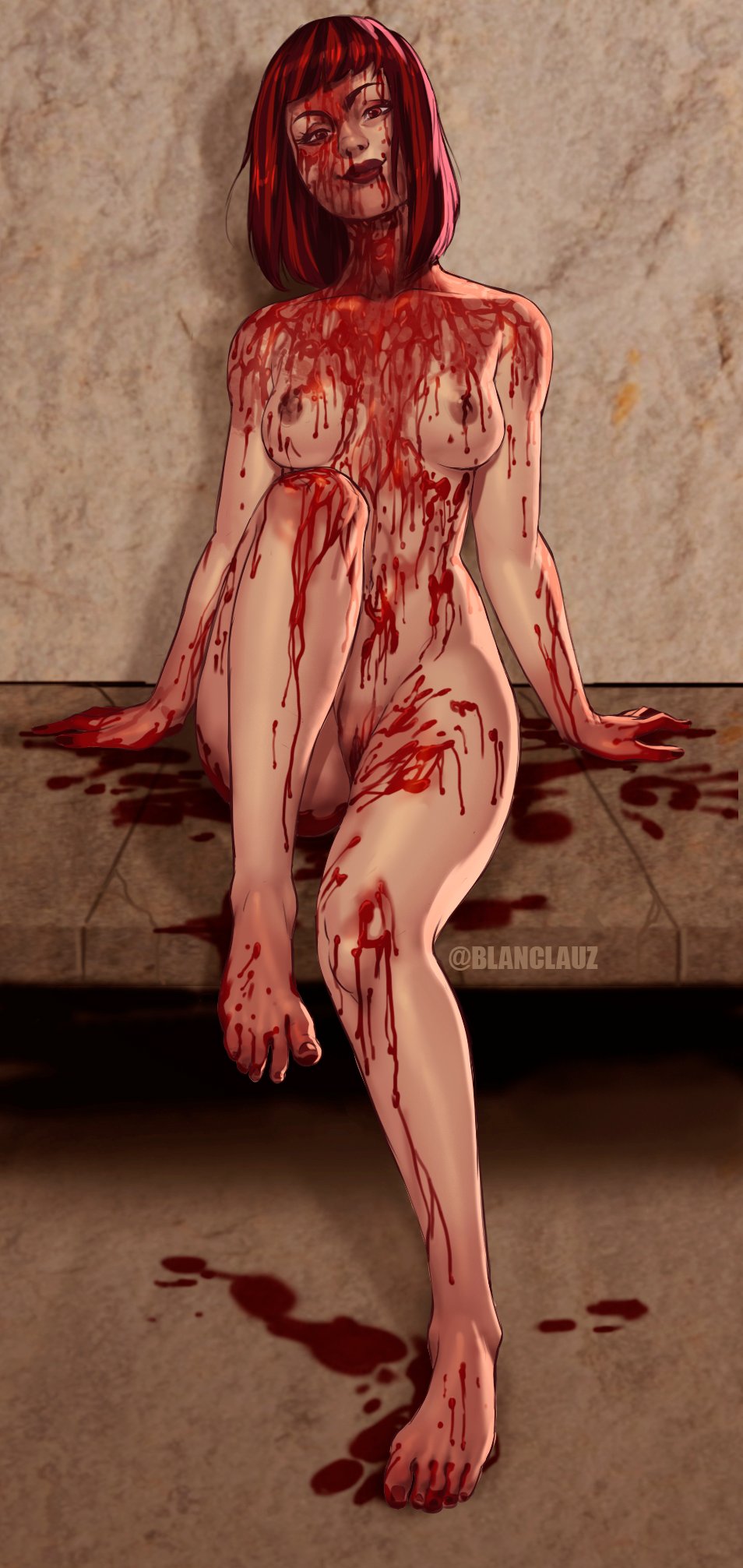 1girls, 2d, areolae, barefoot, blanclauz, blood, breasts, completely nude, feet, female, female only, legs, looking at viewer, medium breasts, mortal kombat, navel, nipples, nude, pussy, red eyes, red hair, red lipstick, seductive, sitting, skarlet, smile, solo, toenail polish, toes, wet