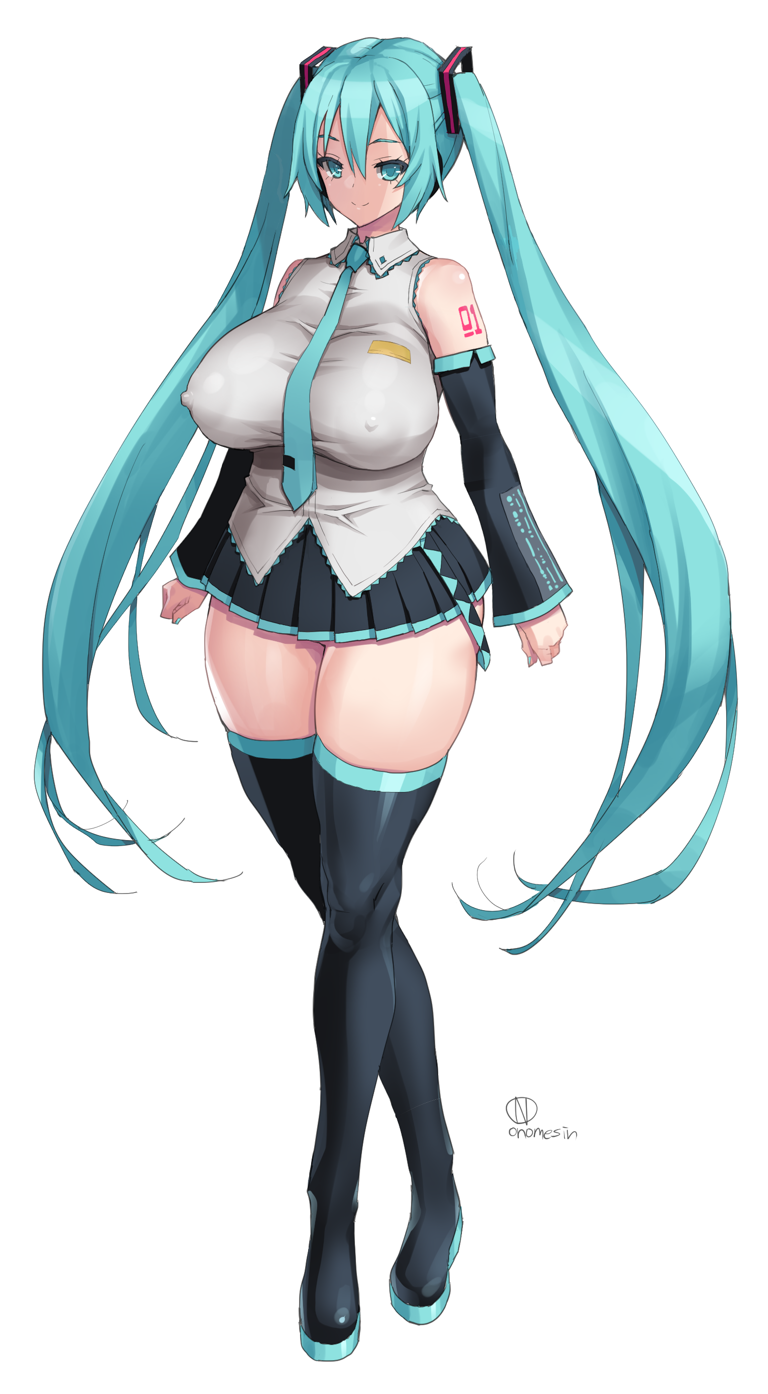 1girl, 1girls, alternate breast size, aqua eyes, aqua hair, bare shoulders, big breasts, big thighs, boots, breasts, chubby, covered nipples, curvy, detached sleeves, female, female only, full body, hatsune miku, huge breasts, long hair, looking at viewer, necktie, onomeshin, panties, pleated skirt, simple background, skirt, smile, solo, standing, tattoo, thick thighs, thigh boots, thighhighs, thighs, twintails, underwear, very long hair, vocaloid, white background