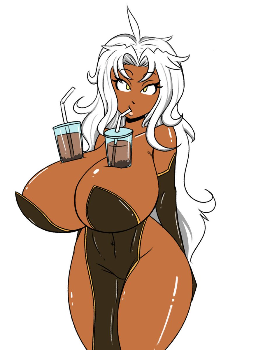 1girls ahoge breasts covered_navel cup dark-skinned_female dark_skin detached_sleeves drinking_straw hands_behind_back huge_breasts long_hair pelvic_curtain reiduran thick_thighs thighs white_hair wide_hips yellow_eyes