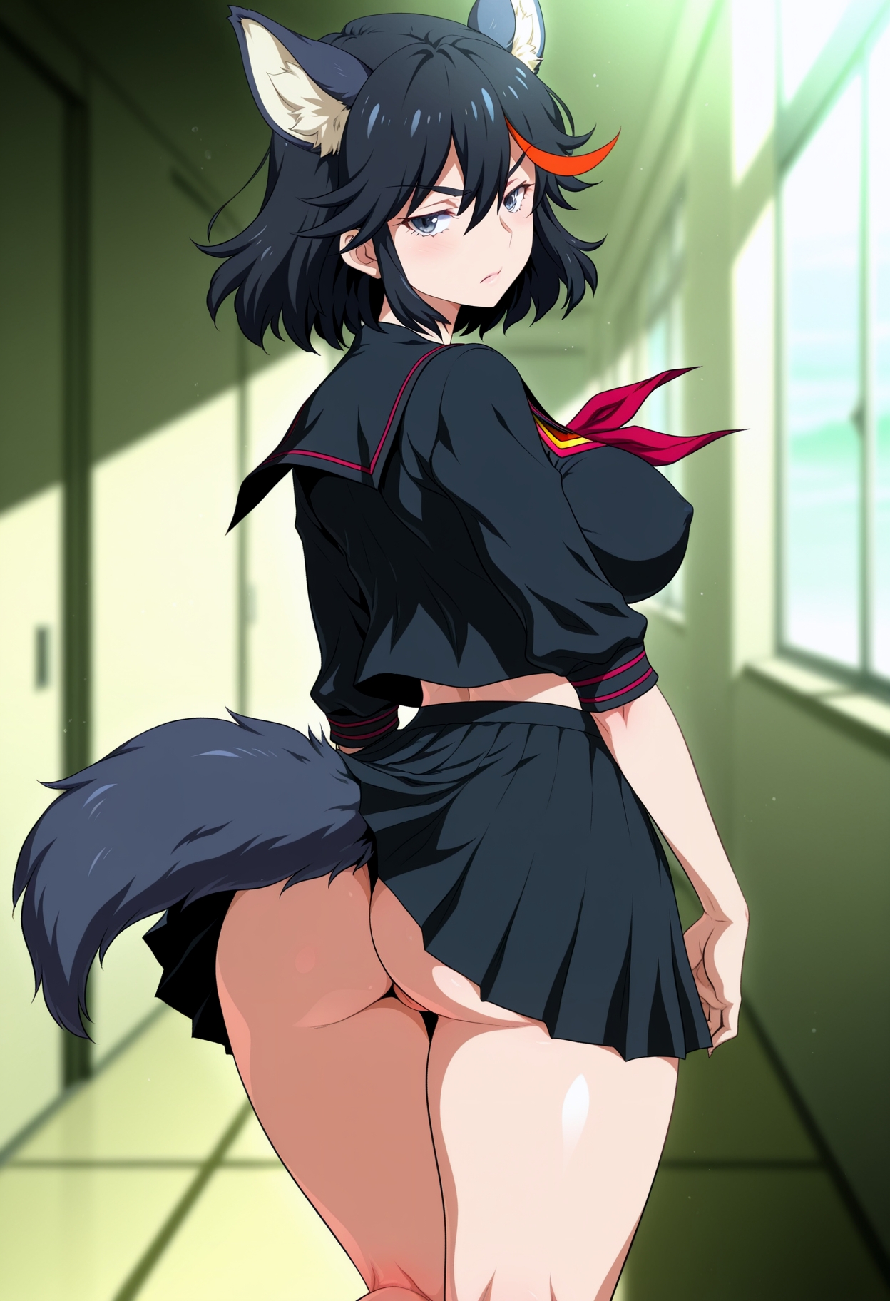 1girls, ai generated, animal ears, ass, black hair, black shirt, black skirt, breasts, cat ears, covered nipples, female, from behind, furry female, grey eyes, half-closed eyes, kill la kill, kneepits, large breasts, looking at viewer, looking back, matoi ryuuko, mikadnsfwia, school uniform, solo, standing, tail, thick thighs, thighs, wide hips