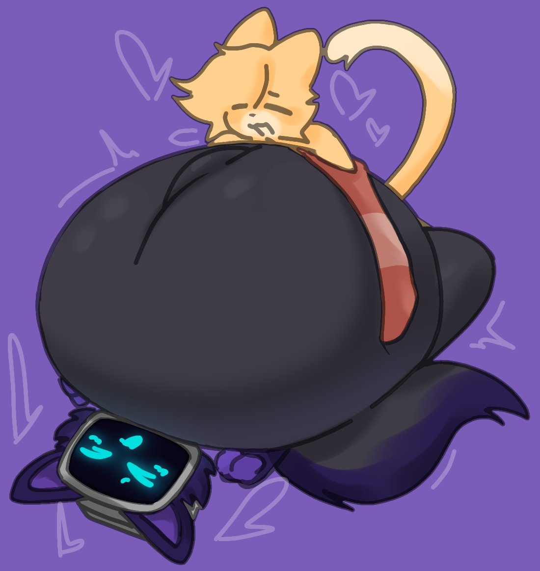 1boy, 1girls, alex (horniicat), anthro, breasts, cat ears, cat tail, cumflation, female, furry, horniicat, hyper penis, inflation, large breasts, larger female, male, male/female, nyaut (nyautad), penis, screen face, size difference, small but hung, small dom big sub, smaller male, thick thighs
