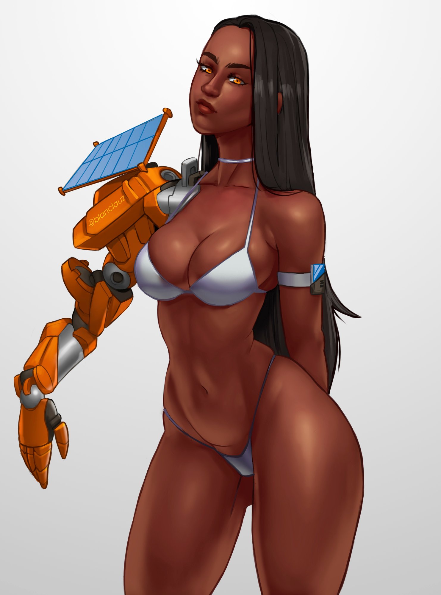 2d, bikini, bikini bottom, bikini top, black hair, blanclauz, breasts, cleavage, cowboy shot, cyborg, dark skin, dark-skinned female, expressionless, female, lips, long hair, looking at viewer, medium breasts, overwatch, robotic arm, sci-fi, science fiction, scifi, simple background, string bikini, symmetra, white bikini, yellow eyes