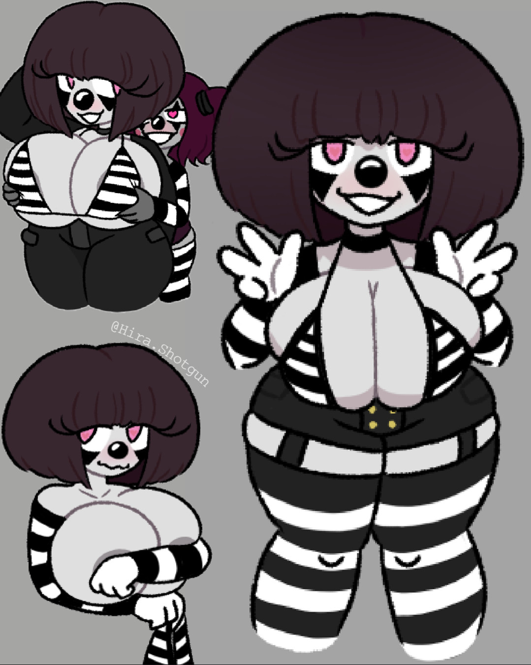 2d, 2d (artwork), 2d artwork, 2girls, areolae, artist name, behind, behind another, big breasts, black and white stripes, bra, breasts, breasts bigger than head, clown nose, covered nipples, covering, covering breasts, curvaceous, curvy, curvy body, curvy female, dark hair, embarrassed, embarrassed female, embarrassed nude female, female, gloves, grey body, grey skin, hira.shotgun, holding breast, huge breasts, large breasts, looking at viewer, looking to the side, mime, mime girl, mime makeup, original character, pink eyes, short hair, shorts, simple background, stockings, striped bra, tease, teasing, teasing breasts, thighhighs, twitter username, viola (hira.shotgun), voluptuous, voluptuous female