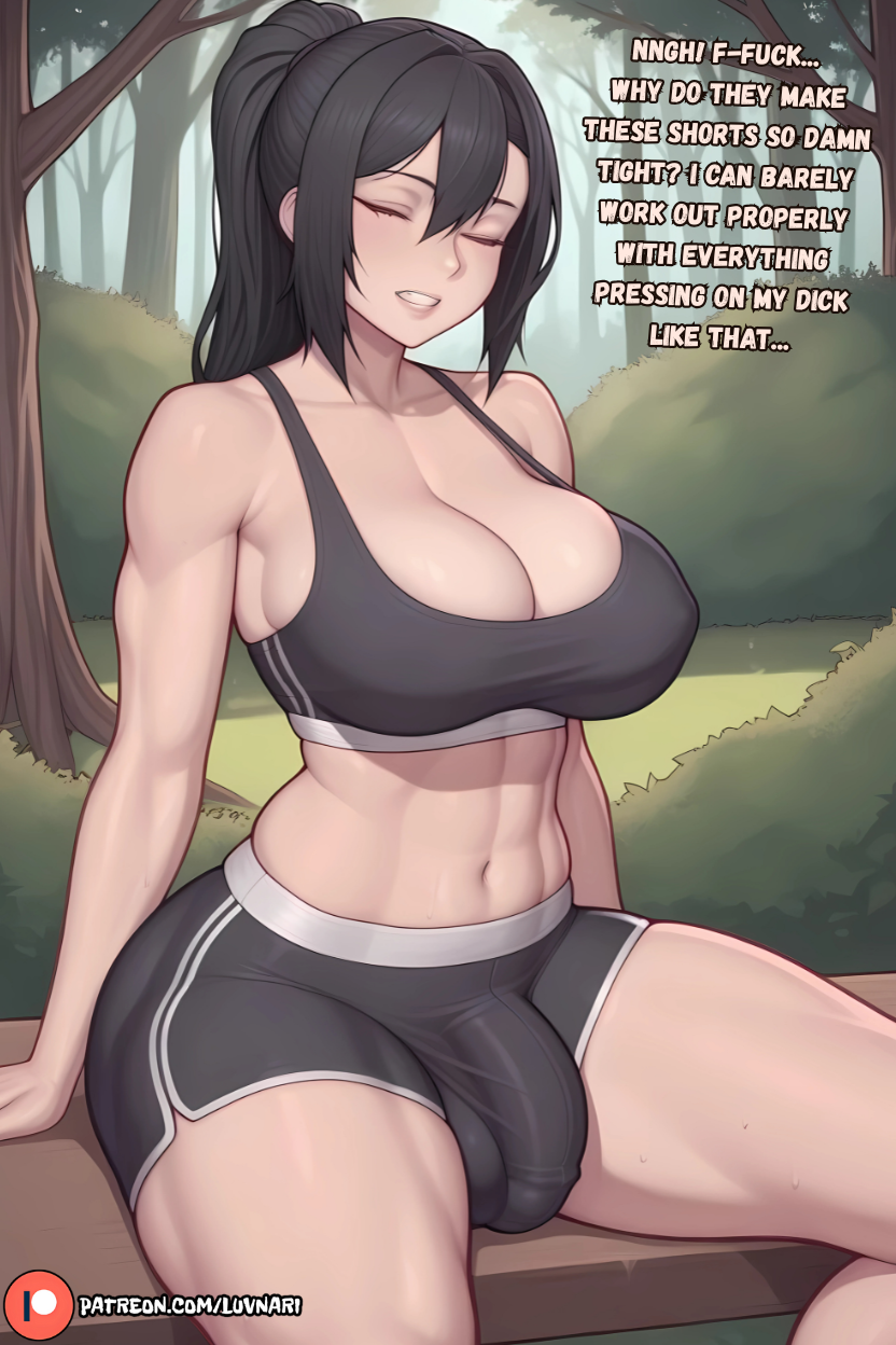 1futa, ai generated, ass, big breasts, breasts, curvy, dialogue, dick, english, english text, erect penis, erection, foreskin, futa only, futadom, futanari, gym, gym clothes, gym uniform, horny, horny futa, intersex, light skin, light-skinned futa, looking at viewer, luvnari, muscular, muscular futa, penis, skinny futa, solo futa, speech, speech bubble, standing, text, uncircumcised, uncut, veins on dick, veiny penis
