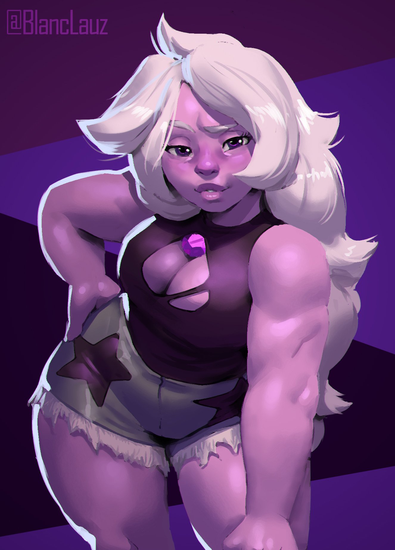 1girls, amethyst (steven universe), blanclauz, breasts, cleavage cutout, female, gem, gem (species), gemstone, hand on hip, large breasts, leaning forward, lips, long hair, looking at viewer, pose, purple eyes, purple skin, shorts, shortstack, steven universe, thick thighs, thighs, white hair