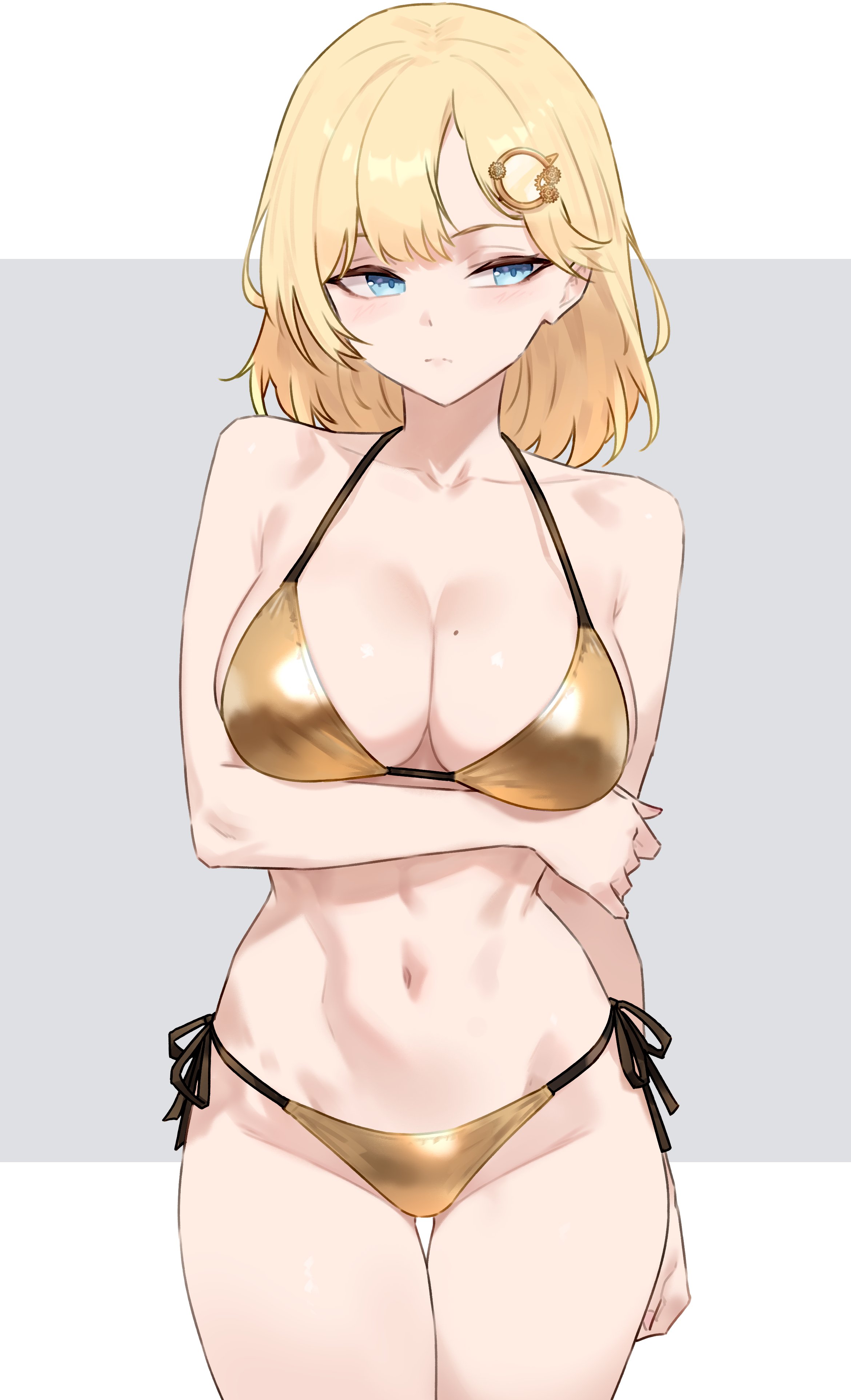 1girls, arm grab, bikini, blonde hair, blue eyes, bluefield, blush, breasts, female, golden week, grabbing own arm, hairclip, hololive, hololive english, hololive myth, mole, mole on breast, short hair, solo, solo female, virtual youtuber, watson amelia, yellow bikini