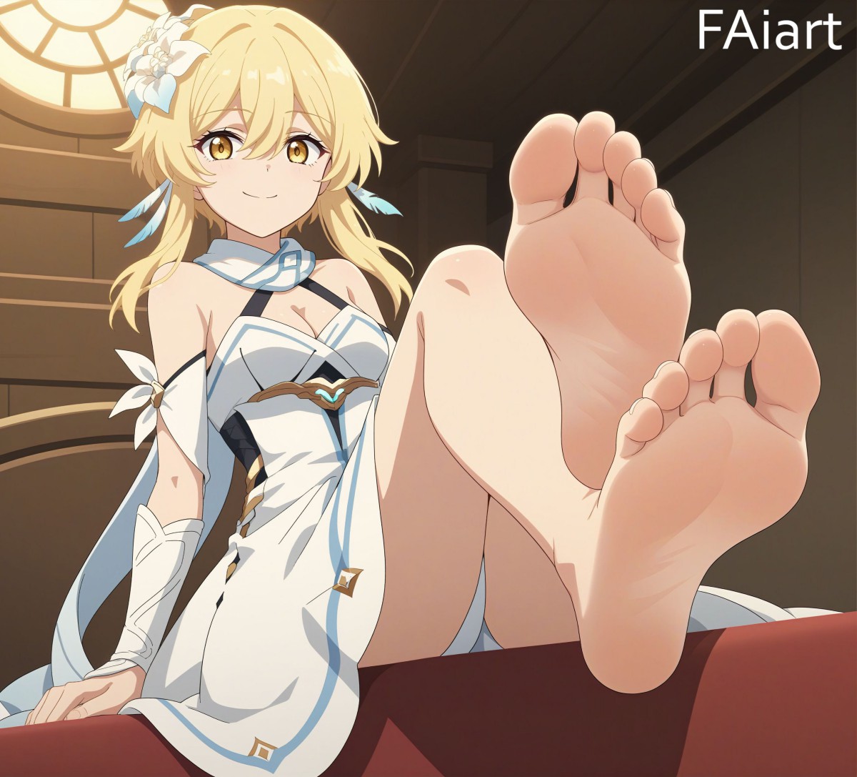 ai female, ai generated, barefoot, blonde hair, faiart, feet, female, foot fetish, foot focus, genshin impact, hair flower, light skin, light-skinned female, lumine (genshin impact), orange eyes, sitting