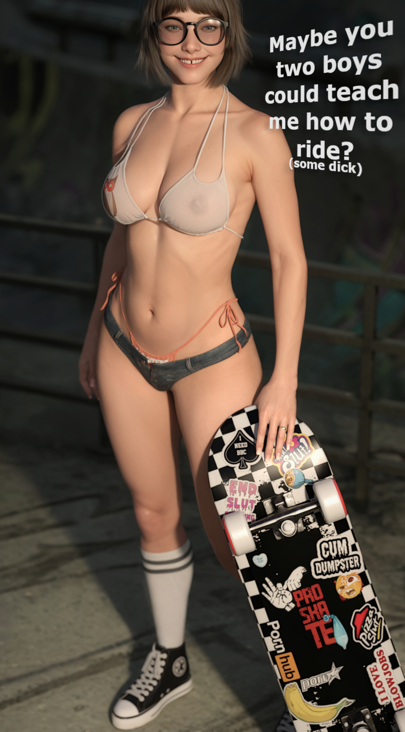 1girls, 3d, bangs, bikini, bikini bottom, bikini top, breasts, brown hair, cheating, cheating wife, converse, dark hair, english text, female, female only, gap teeth, gapped teeth, glasses, hdr ntrgirl, hdregrets, hooters, hotpants, jean shorts, large breasts, netorare, ntr, open shorts, original character, queen of spades, see-through, see-through top, short shorts, shorts, side tie bikini, side tie bikini bottom, skateboard, skater, skater girl, socks, text, wedding ring
