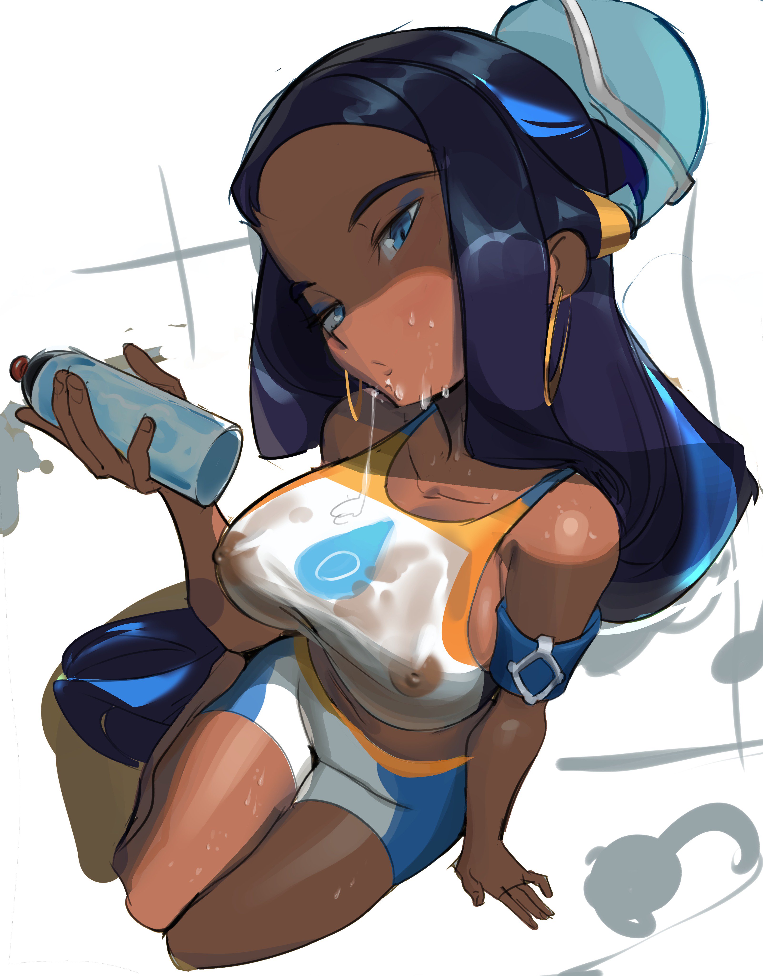 1girls, alternate breast size, areolae, big breasts, black hair, black-haired female, bloop, blue eyes, blue hair, bottle, breasts, clothed, dark skin, dark-skinned female, earrings, erect nipples, erection under clothes, eye contact, eyeshadow, female, half-closed eyes, holding, hoop earrings, human, human only, long hair, looking at viewer, makeup, nessa (pokemon), nintendo, nipples, pokemon, pokemon ss, pose, see-through, shirt, shorts, sitting, sketch, sportswear, tank top, water, water bottle, wet, wet clothes, white background, wide hips