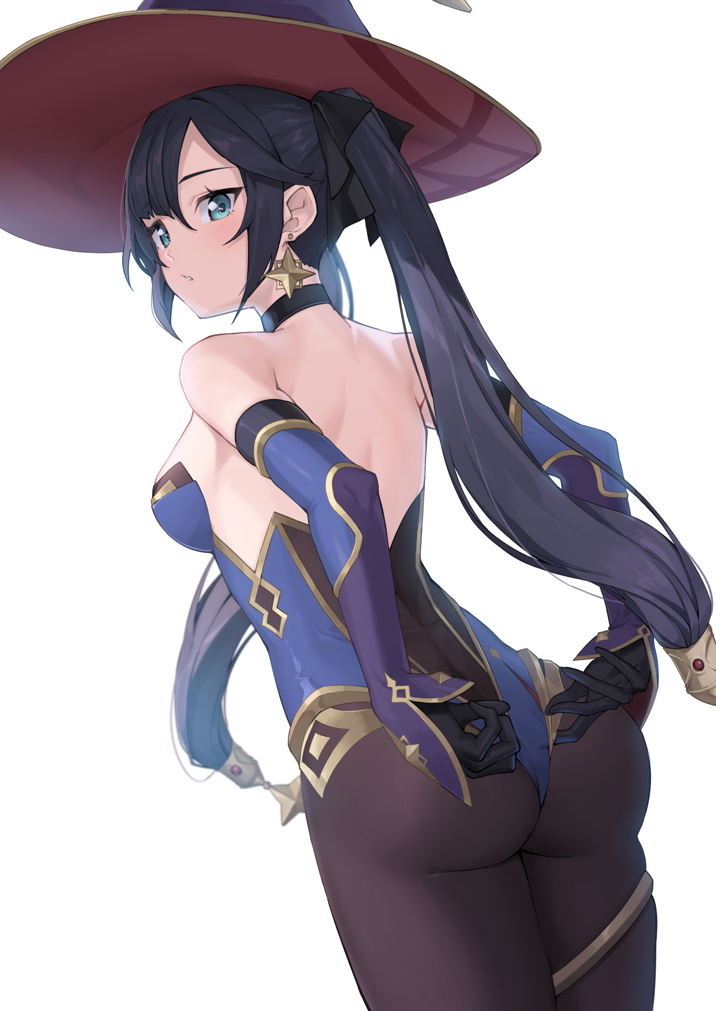 absurdres, adjusting clothes, adjusting leotard, alternate version available, aqua eyes, ass, black hair, blush, breasts, commentary request, earrings, elbow gloves, female, genshin impact, ginopi, gloves, hat, highleg, highleg leotard, highres, jewelry, leotard, long hair, looking back, mona (genshin impact), pantyhose, parted lips, simple background, solo, strapless, strapless leotard, thigh strap, twintails, white background, witch hat