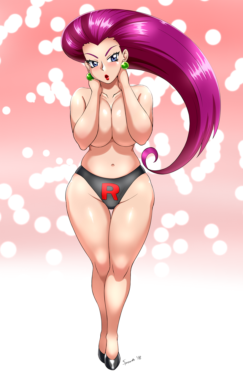 1girls, 2018, alternate breast size, ass, blush, breasts, covering nipples, female, game freak, half-closed eyes, high heels, huge breasts, jessie (pokemon), large ass, lipstick, long hair, looking at viewer, nintendo, panties, pink background, pokemon, pokemon rgby, pose, purple hair, red lipstick, shoes, speeds, standing, team rocket, team rocket panties, text, thick thighs, thigh gap, topless, watermark