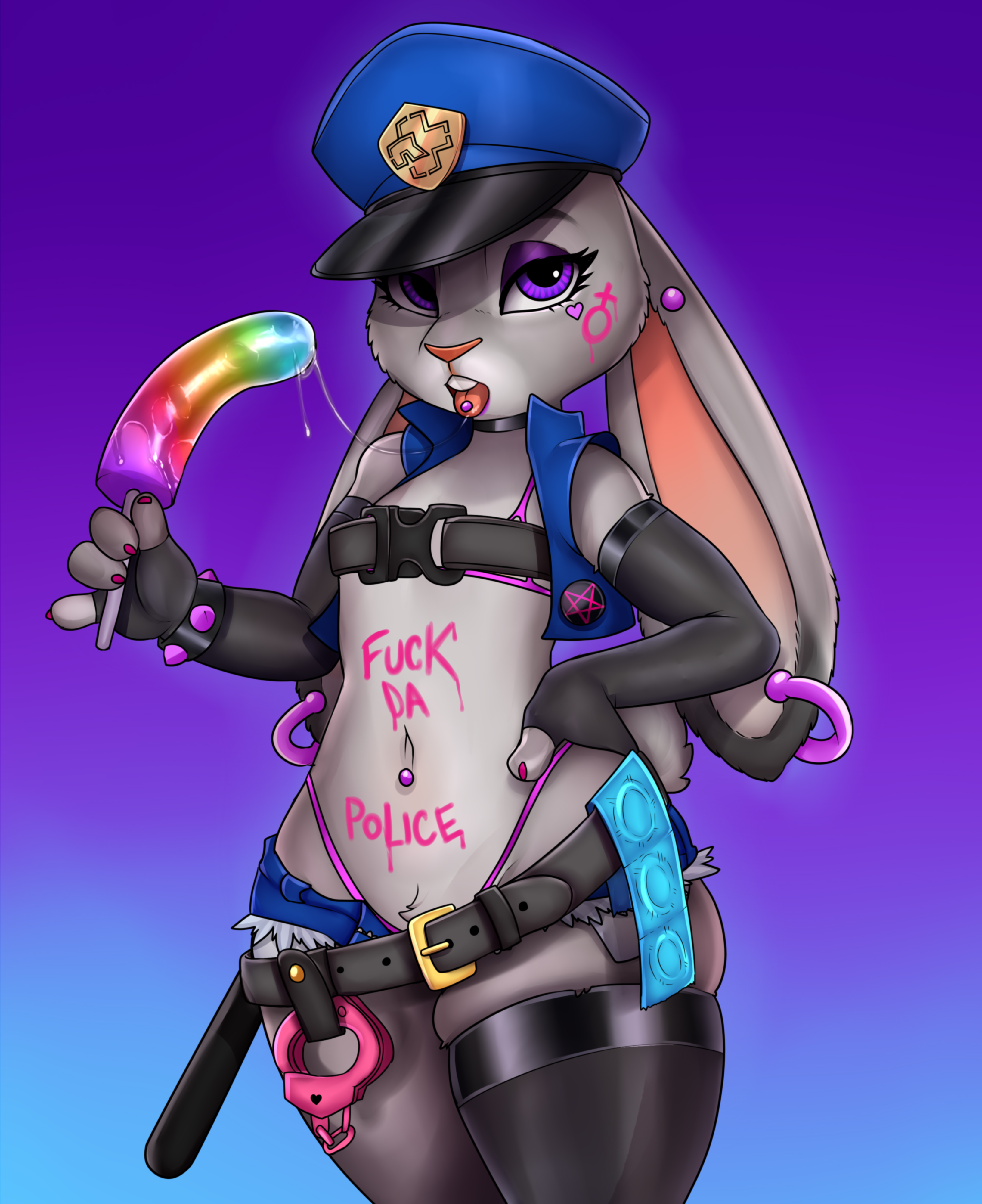 1girls, 2022, bodywriting, bra, clitoris, clitoris piercing, clothing, color, digital media (artwork), disney, drool, drool string, ear piercing, earrings, facial markings, female, flat chest, furry, furry only, hardyboy, judy hopps, latex, latex armwear, latex thighhighs, male, navel piercing, nipple piercing, nipples, panties, penis, penis lollipop, piercing, police, police uniform, public nudity, purple eyes, pussy, rabbit, rabbit girl, rammstein, saliva, short shorts, shorts, stockings, teasing, teasing viewer, thong, tongue piercing, uncensored, zootopia