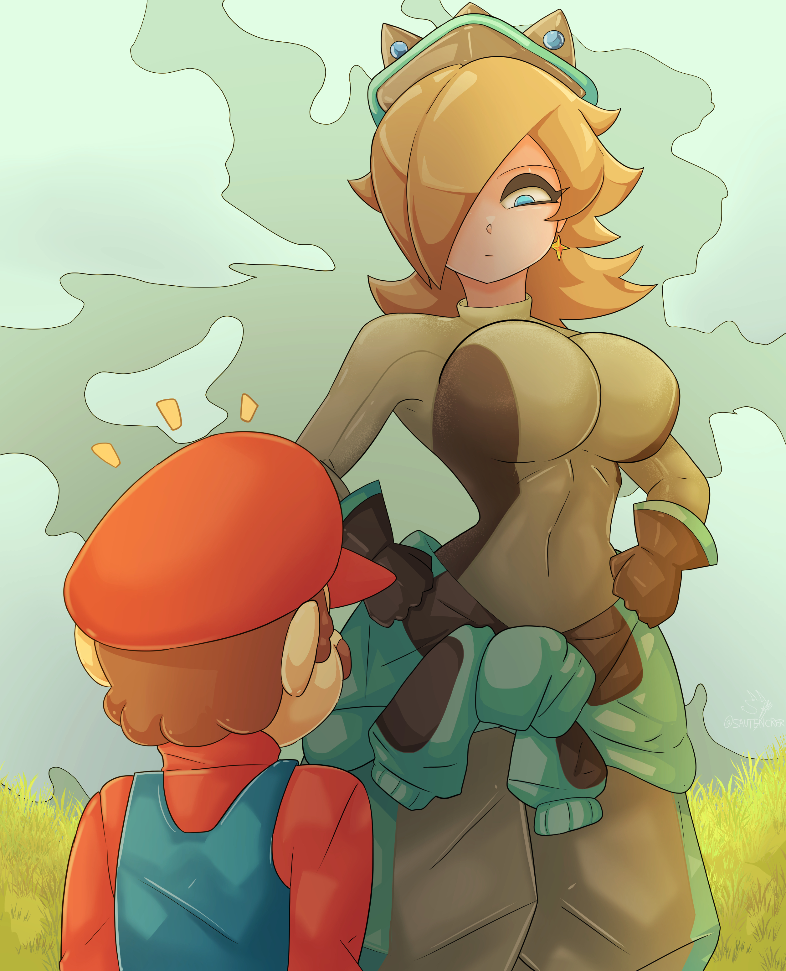 1boy, 1girls, alternate costume, black gloves, blonde hair, blue eyes, breasts, covered navel, crown, earrings, female, gloves, hair covering eye, large breasts, long hair, male, mario, mario (series), mario kart, mario kart world, nintendo, official alternate costume, princess rosalina, princess rosalina (pro racer), rosetta (super mario galaxy), sautencrer, sweater around waist, turtleneck, turtleneck bodysuit, visor, visor cap