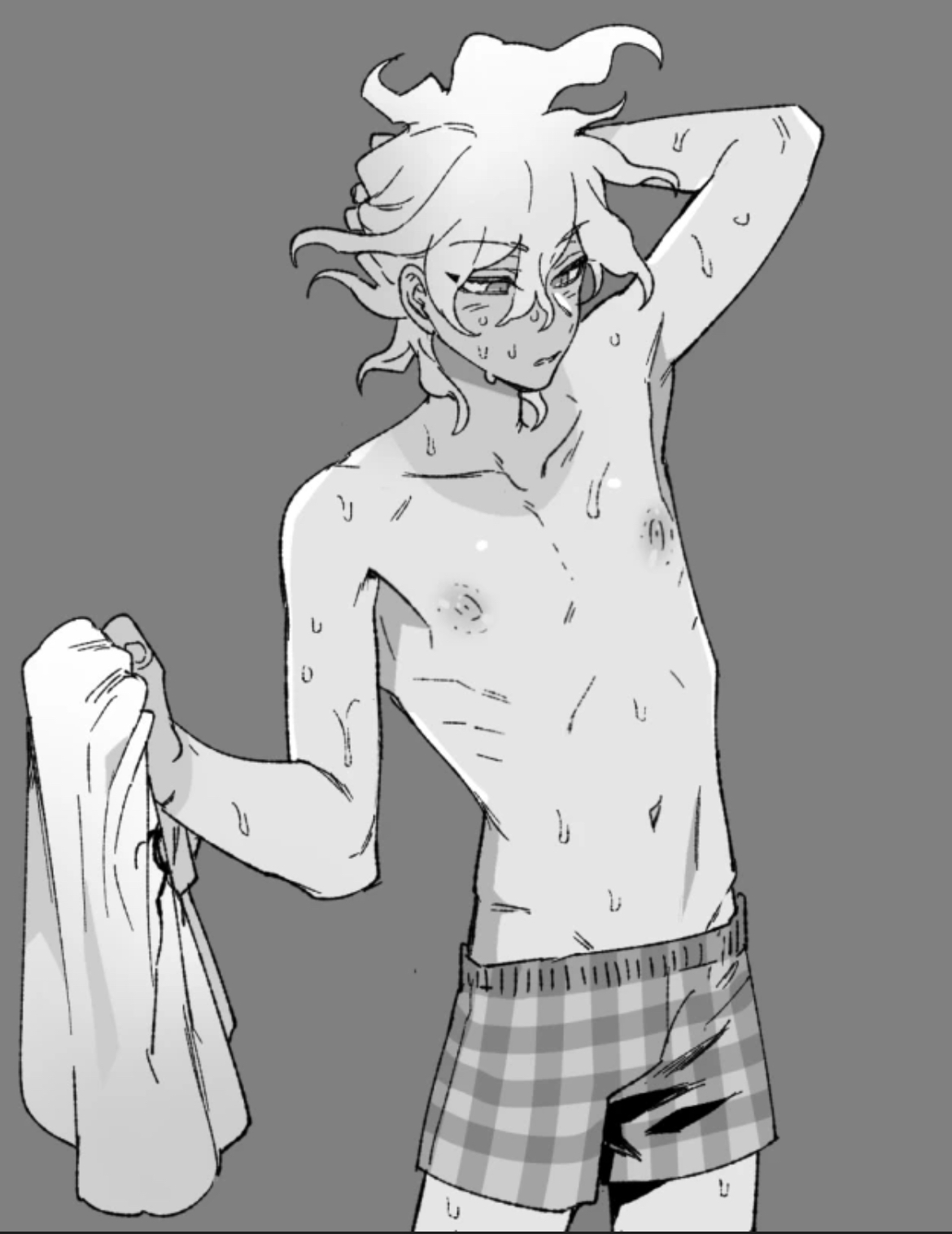 1boy, asian, asian male, boxers, boxers (clothing), boxers only, danganronpa, danganronpa 2: goodbye despair, hot, male, male focus, male only, monochrome, nagito komaeda, nipples, shirtless, shirtless male, skinny, slim, solo, solo focus, solo male, sweaty, sweaty body, taking clothes off, taking off shirt, tan line, tan lines, tanline, tanlines, underwear, underwear only, uurin, warm