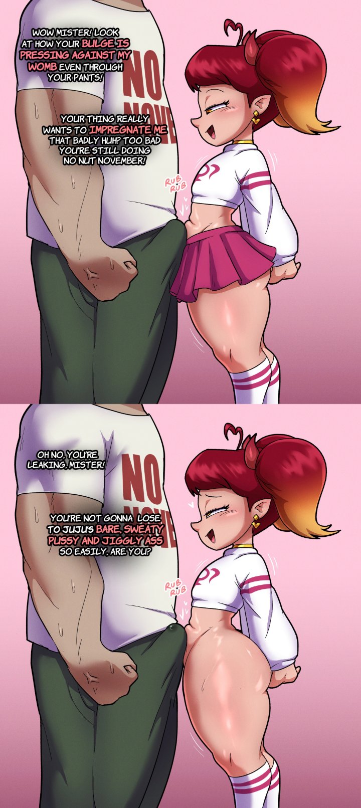 bare_pussy bulge bulge_grinding bulge_rubbing bulging_penis clenched_fist demon demon_girl demon_horns dripping_precum evil horns horny imp juju_(lechlewds) leaking leaking_penis leaking_precum lech_lewds looking_at_bulge looking_down looking_pleasured no_nut_november no_nut_sabotage orange_eyes penis_against_belly penis_on_belly precum precum_drip precum_dripping precum_on_belly precum_through_clothing pressed_against pressing_against_penis red_hair rubbing_against seductive smaller_female sweaty_pussy temptation tempting trying_not_to_cum twintails