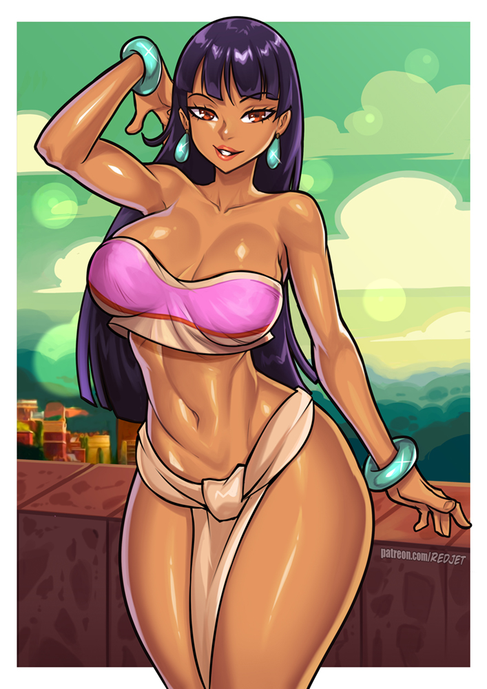 1girls, 2d, 2d (artwork), black hair, black-haired female, bracelet, chel, chel (the road to el dorado), dark skin, dark-skinned female, dreamworks, earrings, female, loincloth, looking at viewer, native american, native american female, redjet, solo, the road to el dorado, tubetop
