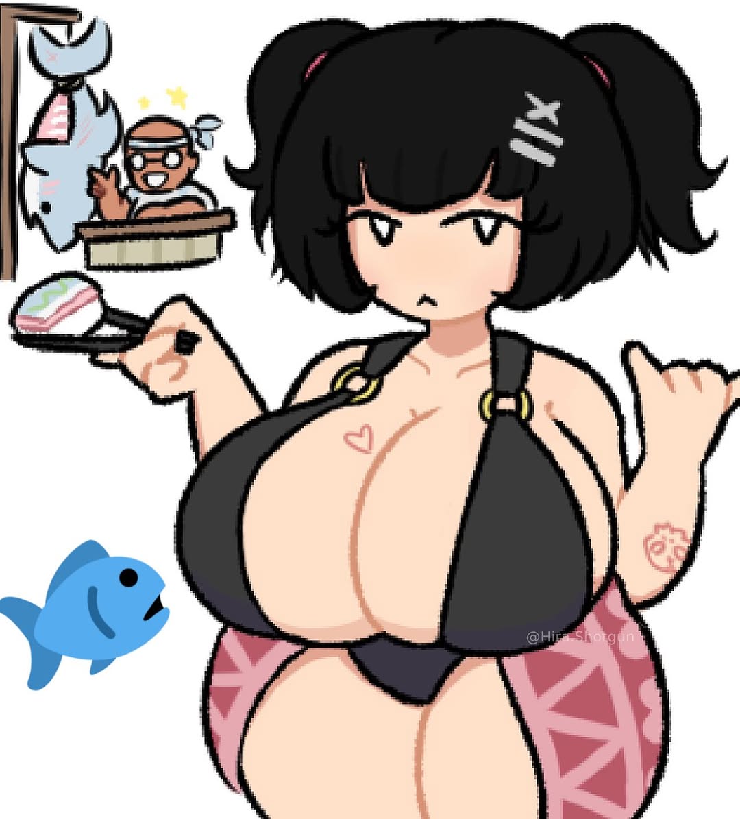1girls, 2d, 2d artwork, asian, asian bimbo, asian female, big breasts, bikini, bikini top, bimbo, black hair, breasts, breasts bigger than head, cameltoe, curvaceous, curvy, curvy body, curvy female, curvy figure, female, heart, heart symbol, heart tattoo, hira.shotgun, holding, holding chopsticks, holding object, huge breasts, kimchi (hira.shotgun), large breasts, light skin, light-skinned female, looking at viewer, original character, paag, pussy, simple background, simple eyes, solo focus, sushi, swimsuit, swimwear, tattoo, tattoo on arm, tattoo on breast, tattoo on chest, thick legs, thick thighs, thighs, twintails, unique style, voluptuous, voluptuous female