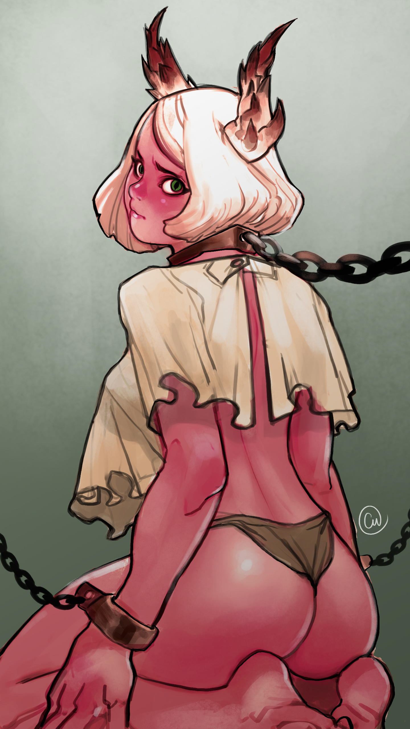 ass, barefoot, chains, cheunchin, collar, demon, demon girl, feet, female, green eyes, horned humanoid, horns, kneeling, looking at viewer, looking back, looking back at viewer, original, original character, pink skin, restrained, short hair, sketch, slit pupils, solo, viewed from behind, white hair, wrist cuffs