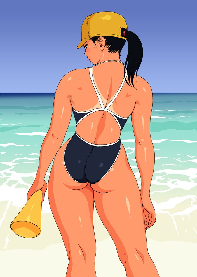 back baseball_cap beach hat ocean one-piece_swimsuit ponytail skindentation standing swimsuit tanlines tanned tied_hair viewed_from_behind yoshu_ohepe