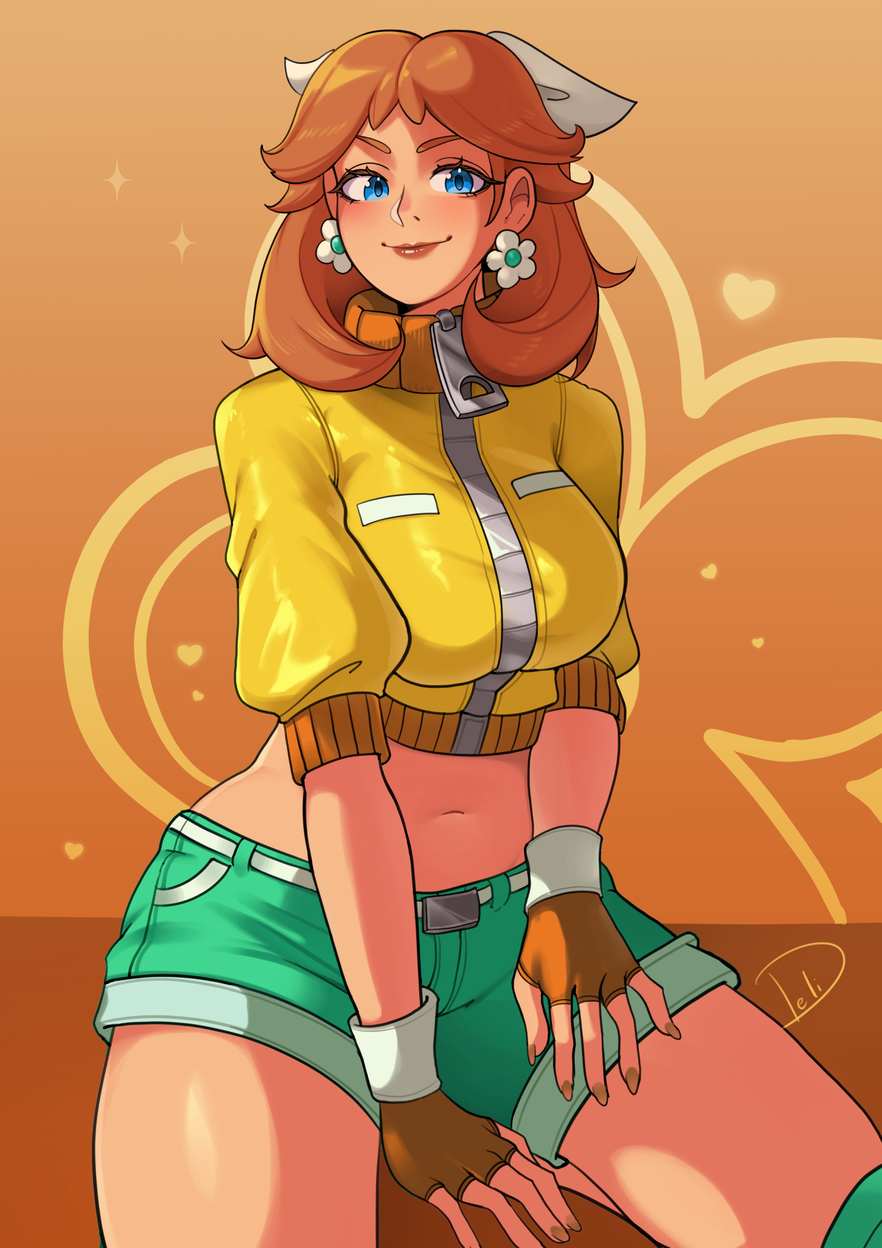 1girls, absurdres, alternate costume, belly button, blue eyes, bow, breasts, brown hair, clothed, deliciousbrain, earrings, female, flower earrings, green shorts, hairbow, long hair, looking at viewer, mario (series), mario kart, mario kart world, medium hair, navel, nintendo, official alternate costume, princess daisy, princess daisy (touring), safe, shorts, solo, tagme, turtleneck, white bow, white hair bow, wholesome, zipper, zipper pull tab