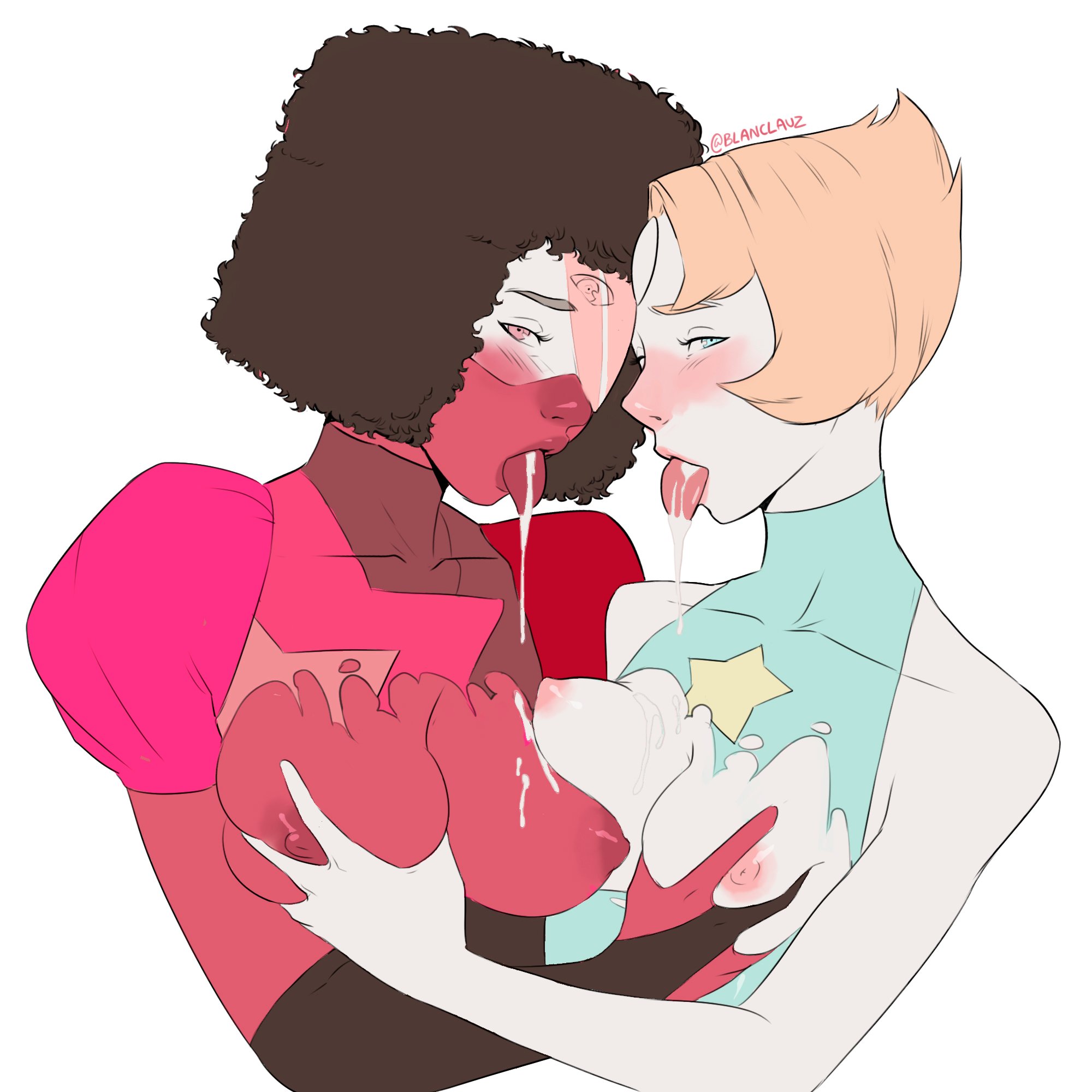 2d, 2girls, blanclauz, blush, breast grab, breast squeeze, breasts, breasts out, bust, clothed, dripping, female, female only, garnet (steven universe), gem (species), gem fusion, looking at viewer, multiple females, multiple girls, pearl (steven universe), portrait, steven universe, tongue, tongue out, torn clothes, wet, yuri