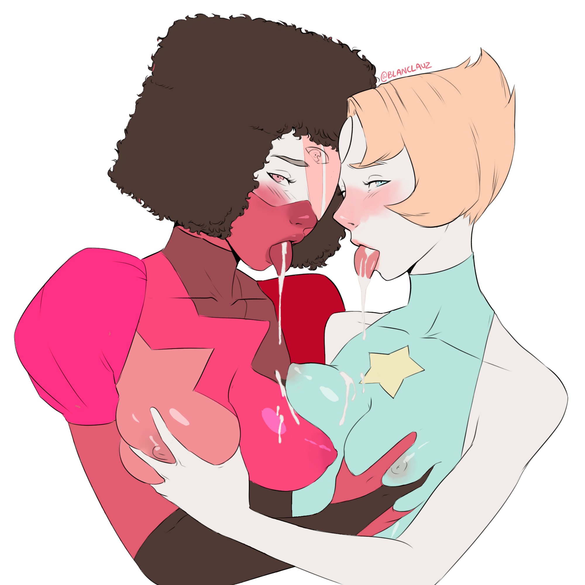 2d, 2girls, blanclauz, blush, breast grab, breast squeeze, breasts, bust, clothed, dripping, female, female only, garnet (steven universe), gem (species), gem fusion, looking at viewer, multiple females, multiple girls, pearl (steven universe), portrait, steven universe, tongue, tongue out, wet, yuri