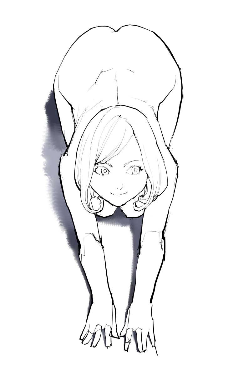 all_fours ass bent_over female female_only high_resolution inamitsu_shinji looking_up monochrome nude simple_background sketch smile solo solo_female viewed_from_above white_background