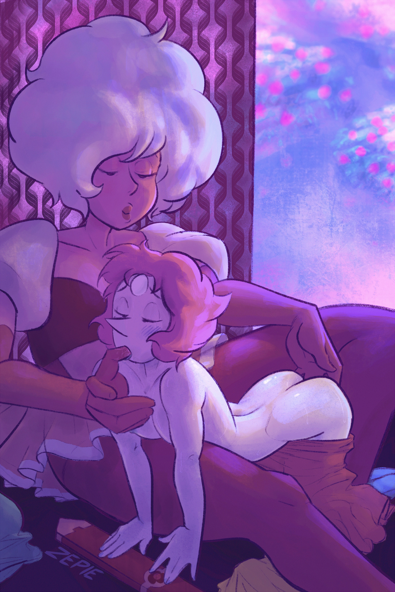 2girls, arched back, ass, cartoon network, closed eyes, diamond authority, female, female only, finger to mouth, gem (species), multiple females, multiple girls, nude, pearl (steven universe), pink diamond (steven universe), size difference, steven universe, yuri, ze-plush