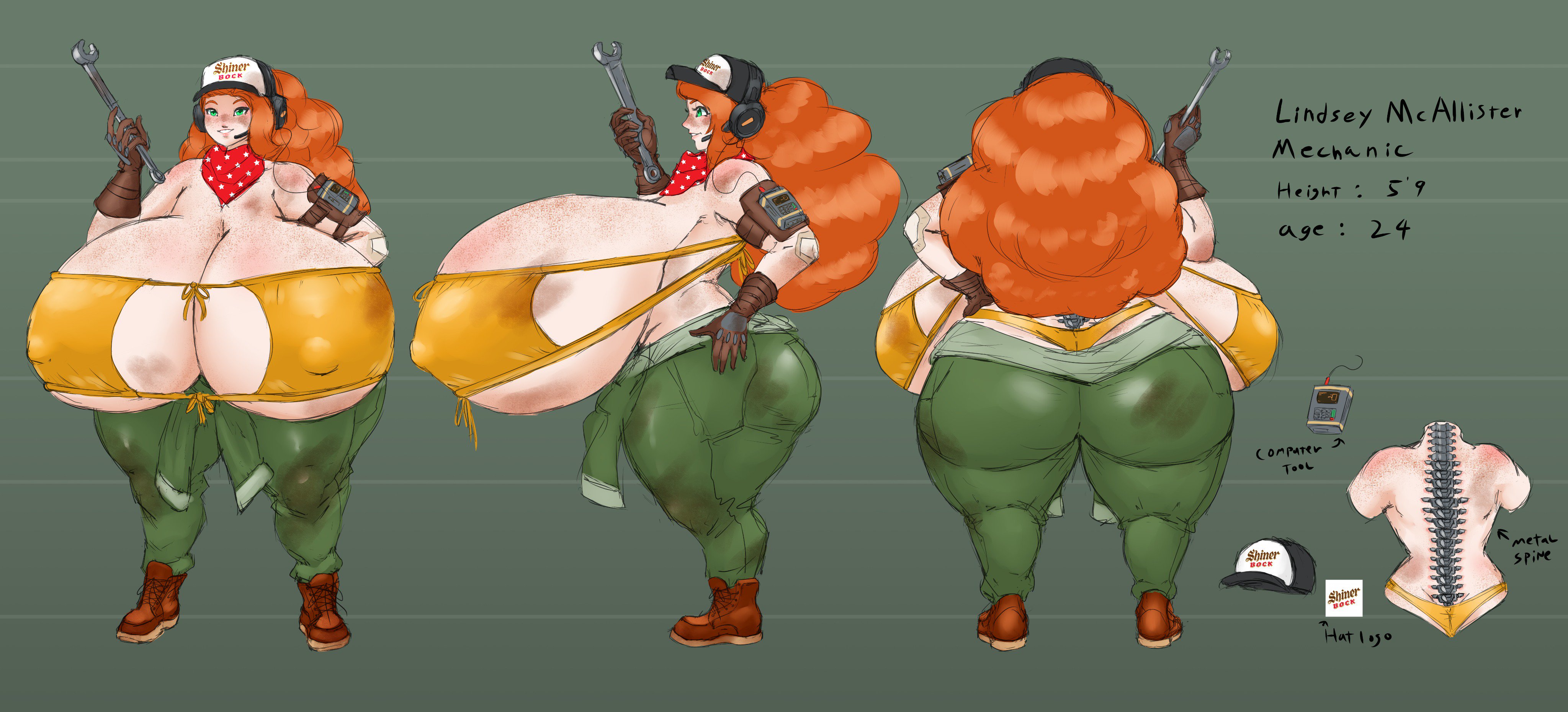 1girls, ass, ass cleavage, ass crack, big breasts, big hair, bikini top, boots, breasts, butt crack, character name, clothes around waist, covered nipples, curly hair, female, female only, freckles, gausscannon, gigantic breasts, gloves, green eyes, handkerchief, hat, huge breasts, hyper breasts, jumpsuit, large breasts, large hair, lindsey mcallister, long hair, massive hair, mechanic, mechanical parts, mechanical spine, model sheet, original, original character, plumber's crack, red hair, solo, stats, thick hair, very long curly hair, very long hair, whale tail, wrench