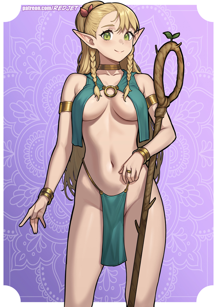 1girls, belly dancer outfit, blonde hair, dungeon meshi, elf female, exotic dancer, female, harem outfit, marcille donato, pelvic curtain, redjet