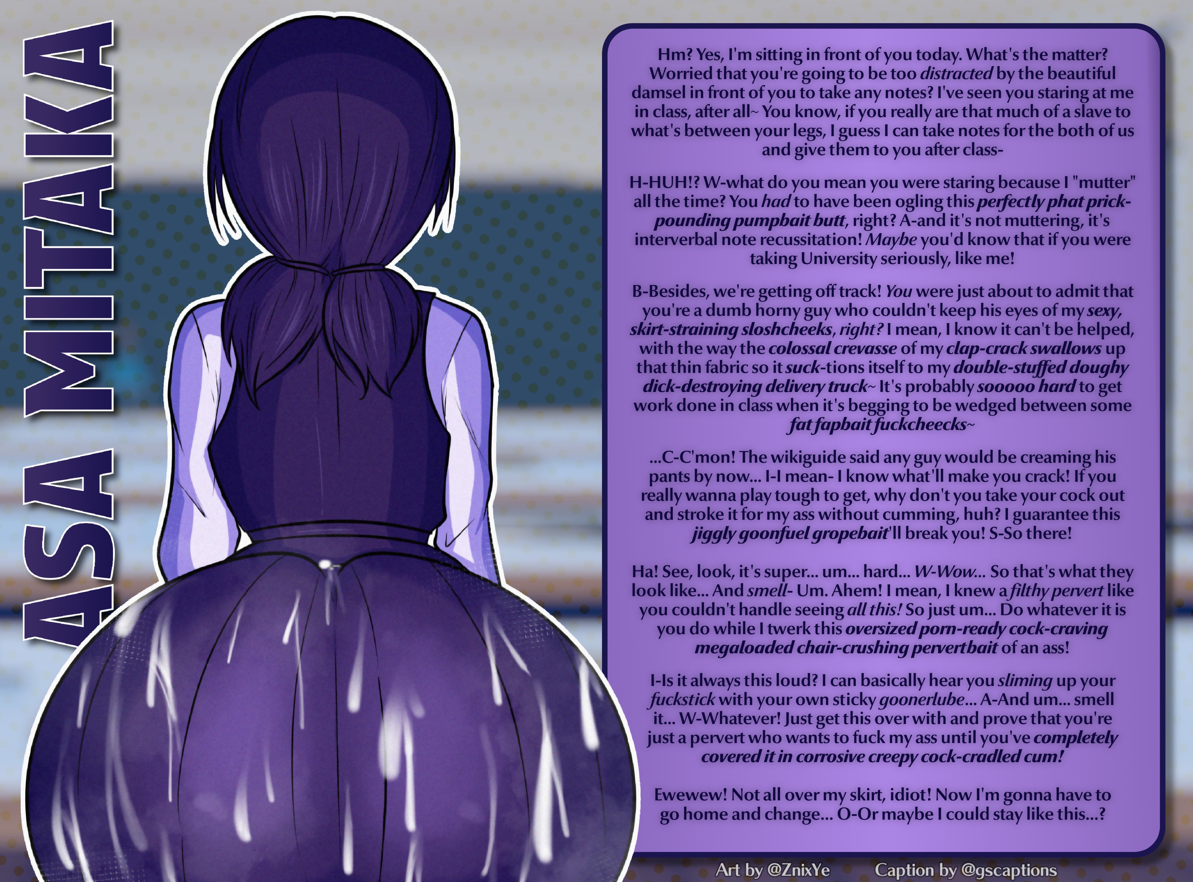 1girls, ass, ass focus, big ass, black hair, caption, chainsaw man, cum, cum on ass, cum on body, cum on clothing, cum on skirt, cumshot, dirty talk, female, goonspeak, gscaptions, huge ass, mitaka asa, school uniform, story in picture, text, wall of text, znixye