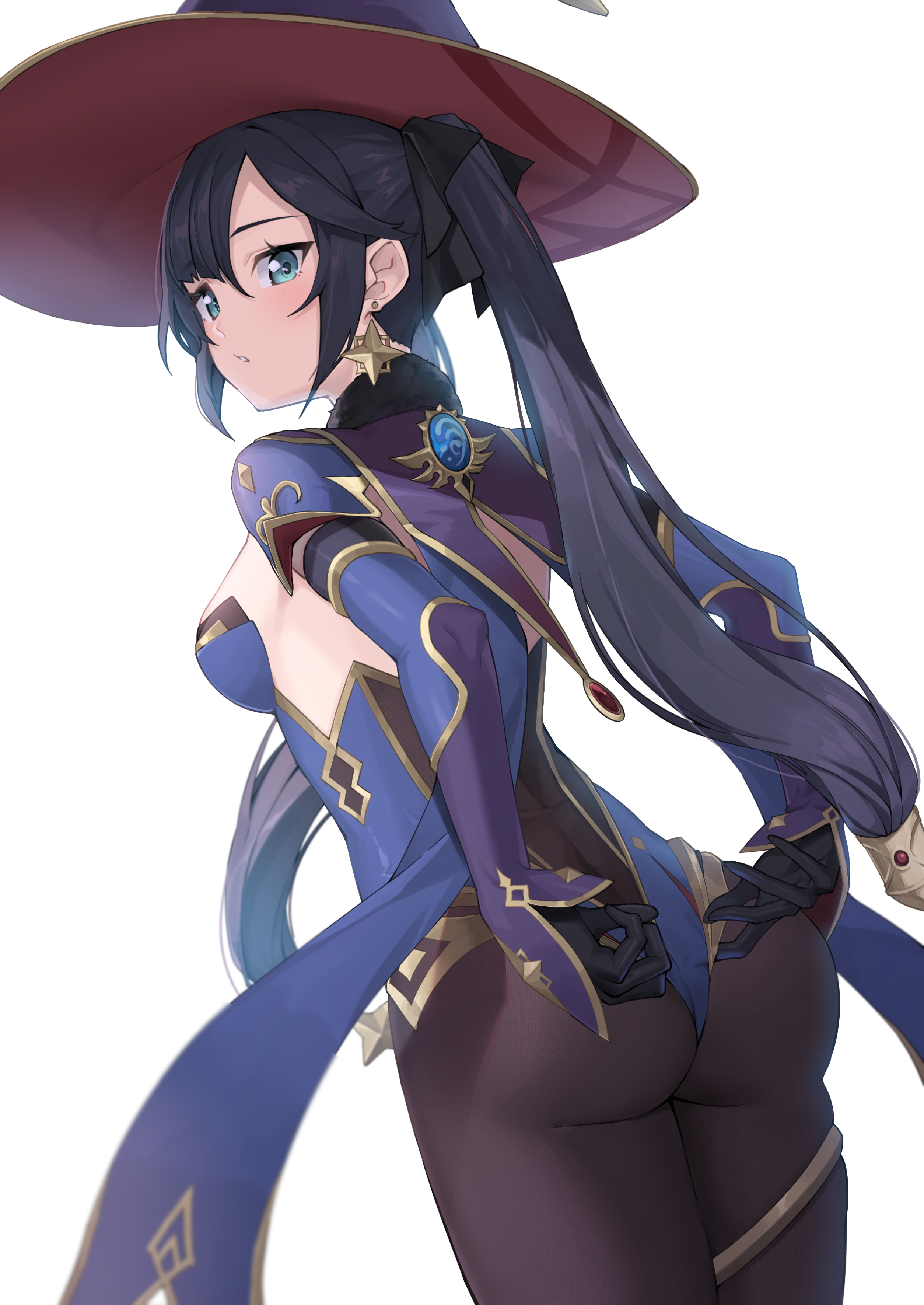 absurdres, adjusting clothes, adjusting leotard, aqua eyes, ass, black hair, blush, breasts, capelet, commentary request, earrings, elbow gloves, female, fur trim, genshin impact, ginopi, gloves, hat, highleg, highleg leotard, highres, jewelry, leotard, long hair, looking back, mona (genshin impact), pantyhose, parted lips, simple background, solo, strapless, strapless leotard, thigh strap, twintails, white background, witch hat
